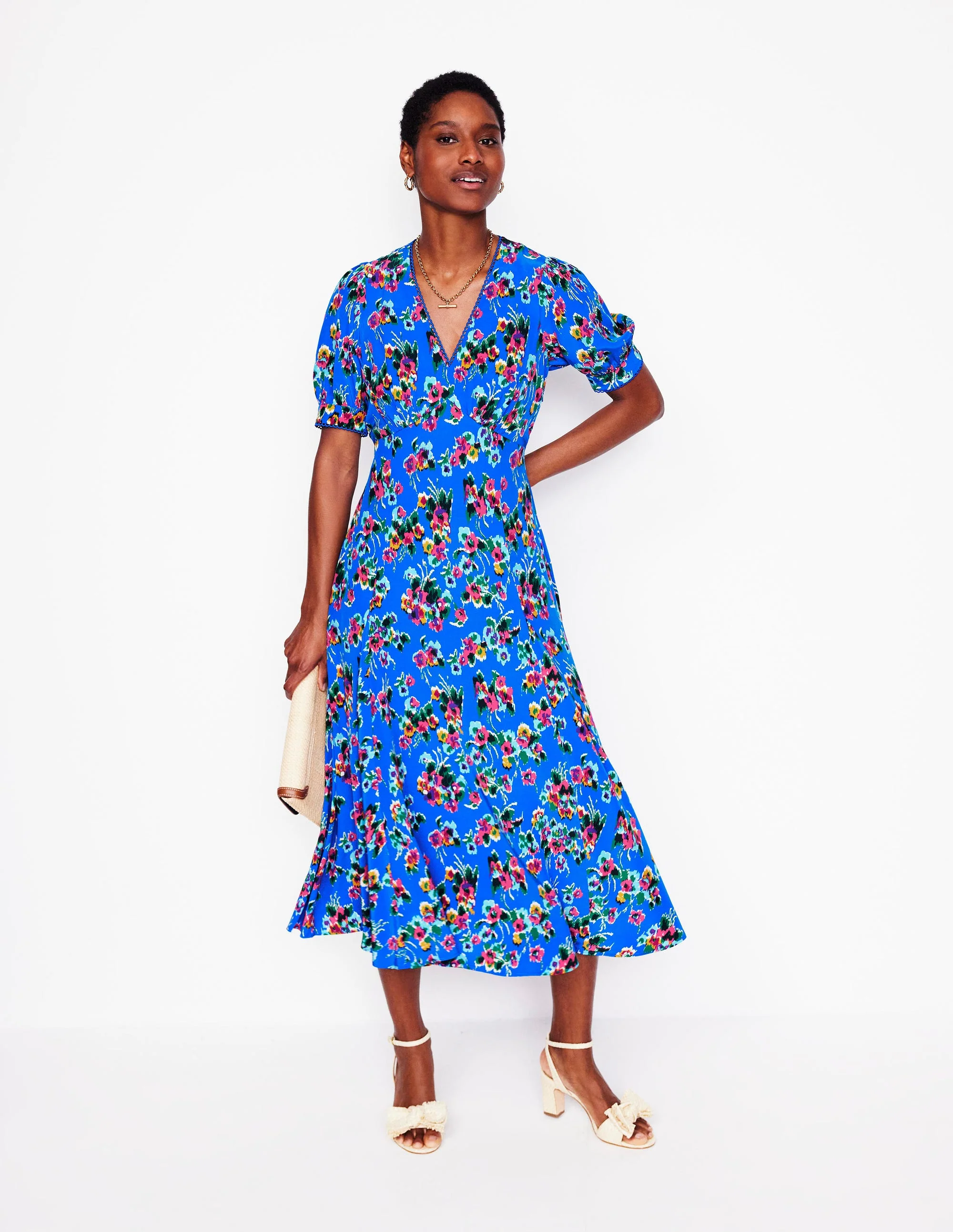 Rosie Godet Tea Dress-Gallery Blue, Abstract Posy - Image 4