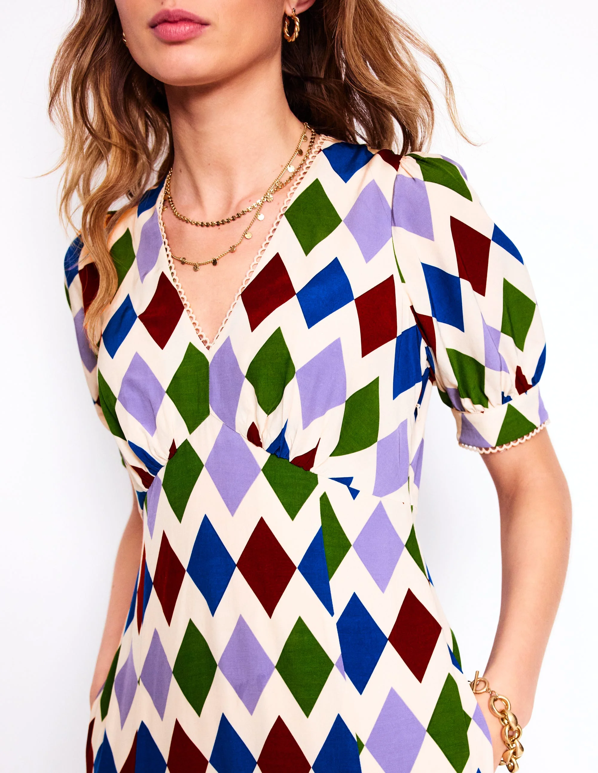 Rosie Godet Tea Dress-Multi, Diamond Stripe - Image 3