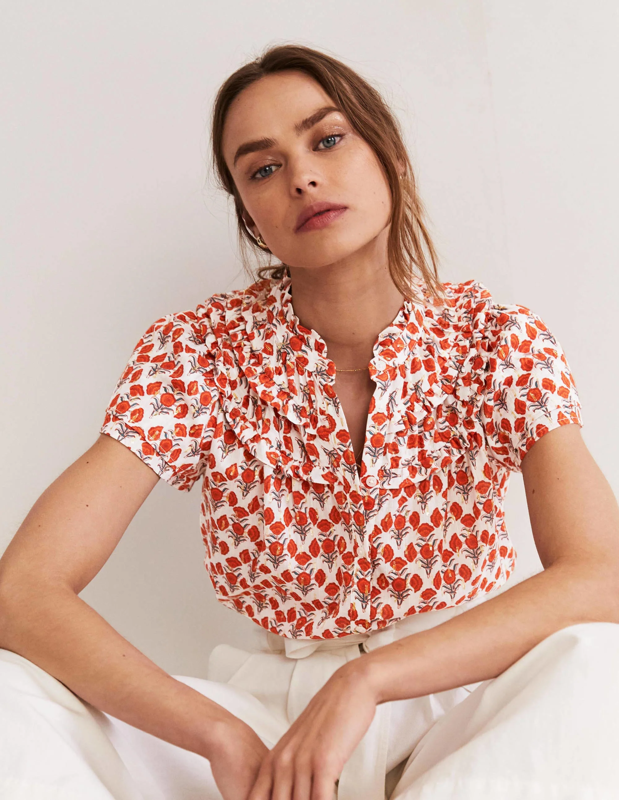 Ruched Detail Metallic Blouse-Chili Oil, Poppy Geo - Image 3