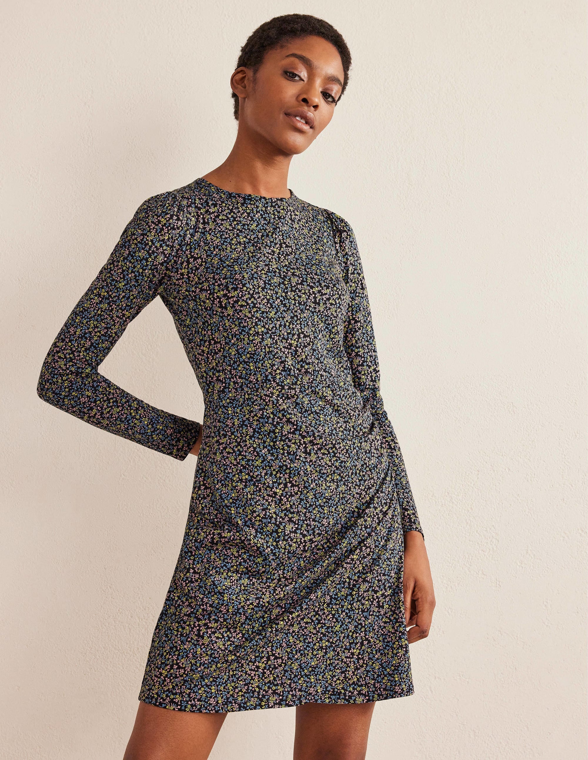Ruched Jersey Mini Dress-Black, Wild Vine