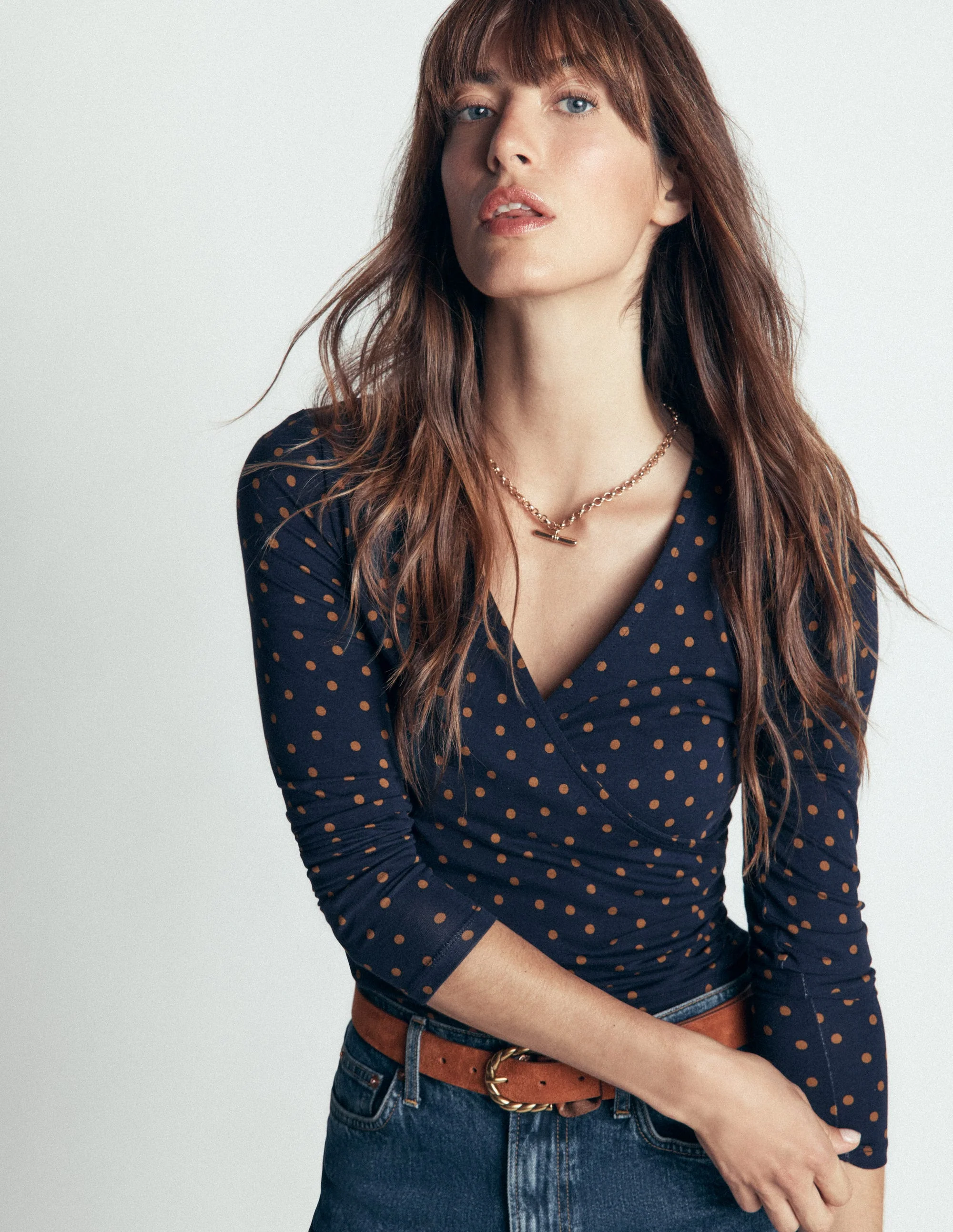 Ruched Long Sleeve Wrap Top-Navy/Brown Spot - Image 2