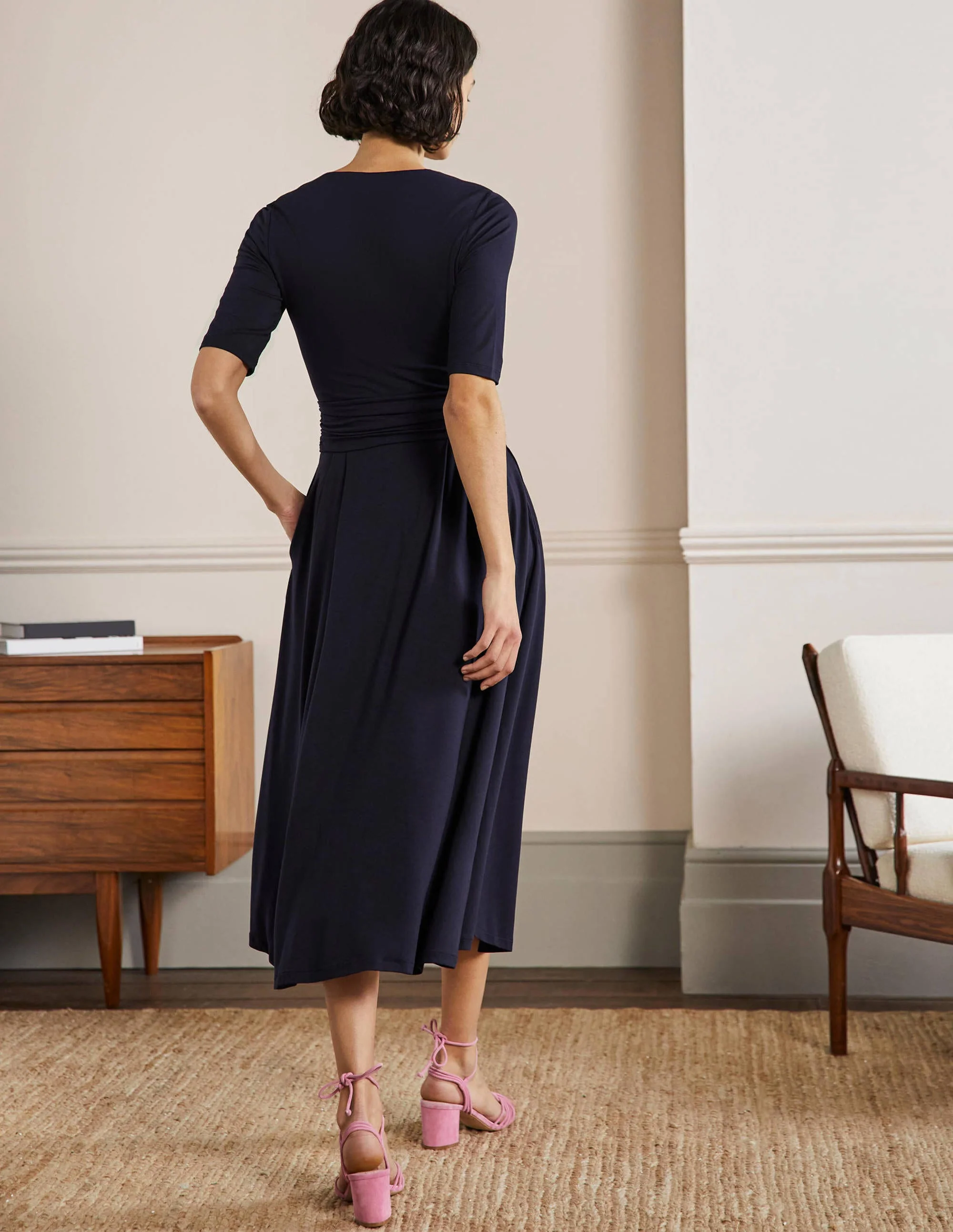 Ruched Waist Jersey Midi Dress-Navy - Image 3