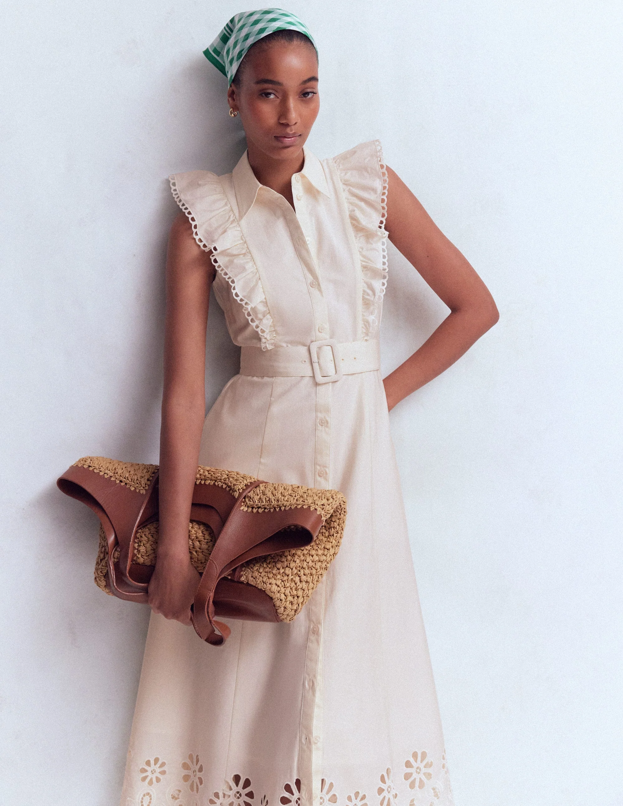 Ruffle Bodice Shirt Dress-White Broderie Trim - Image 5