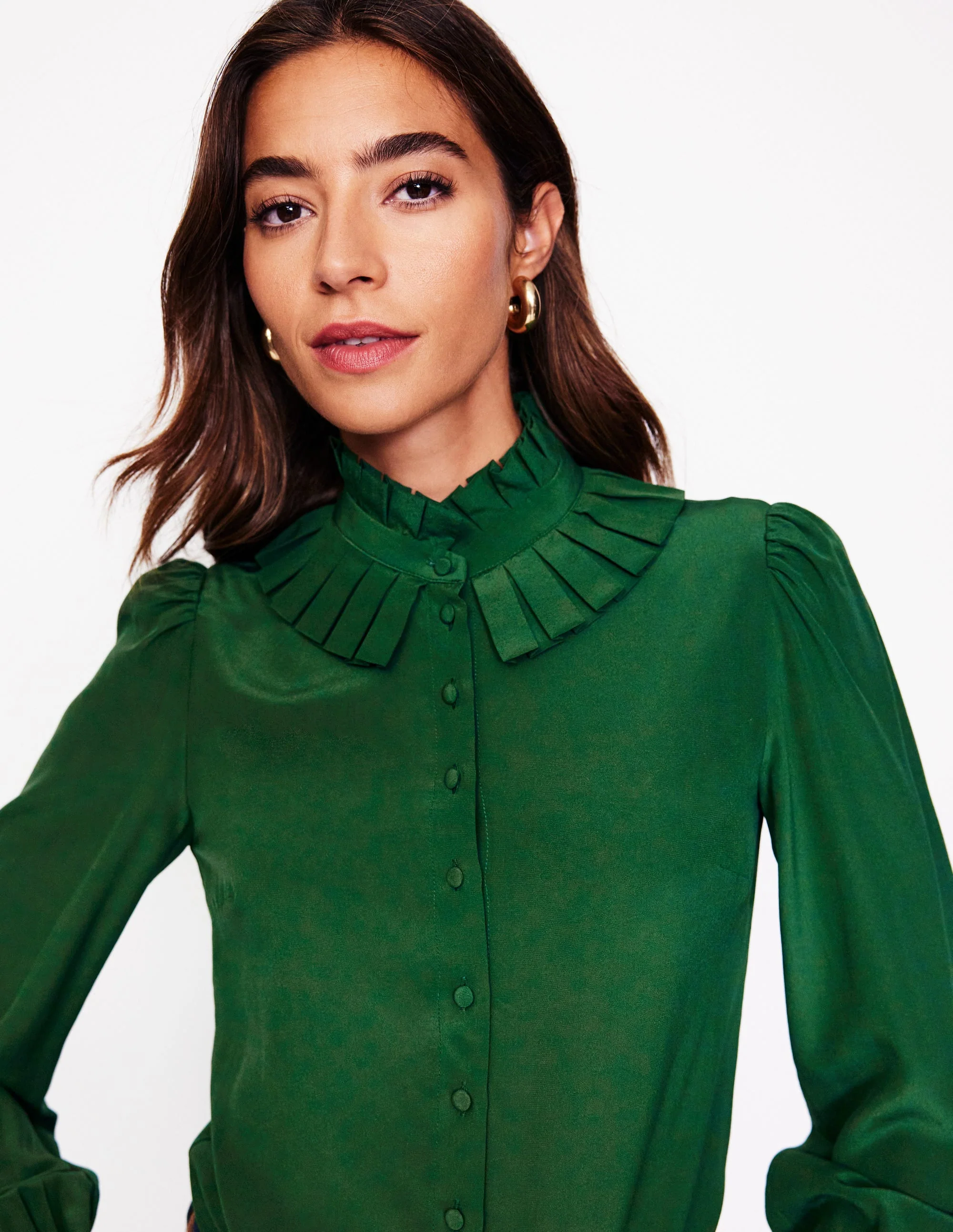 Ruffle Collar Silk Blouse-Pine - Image 2