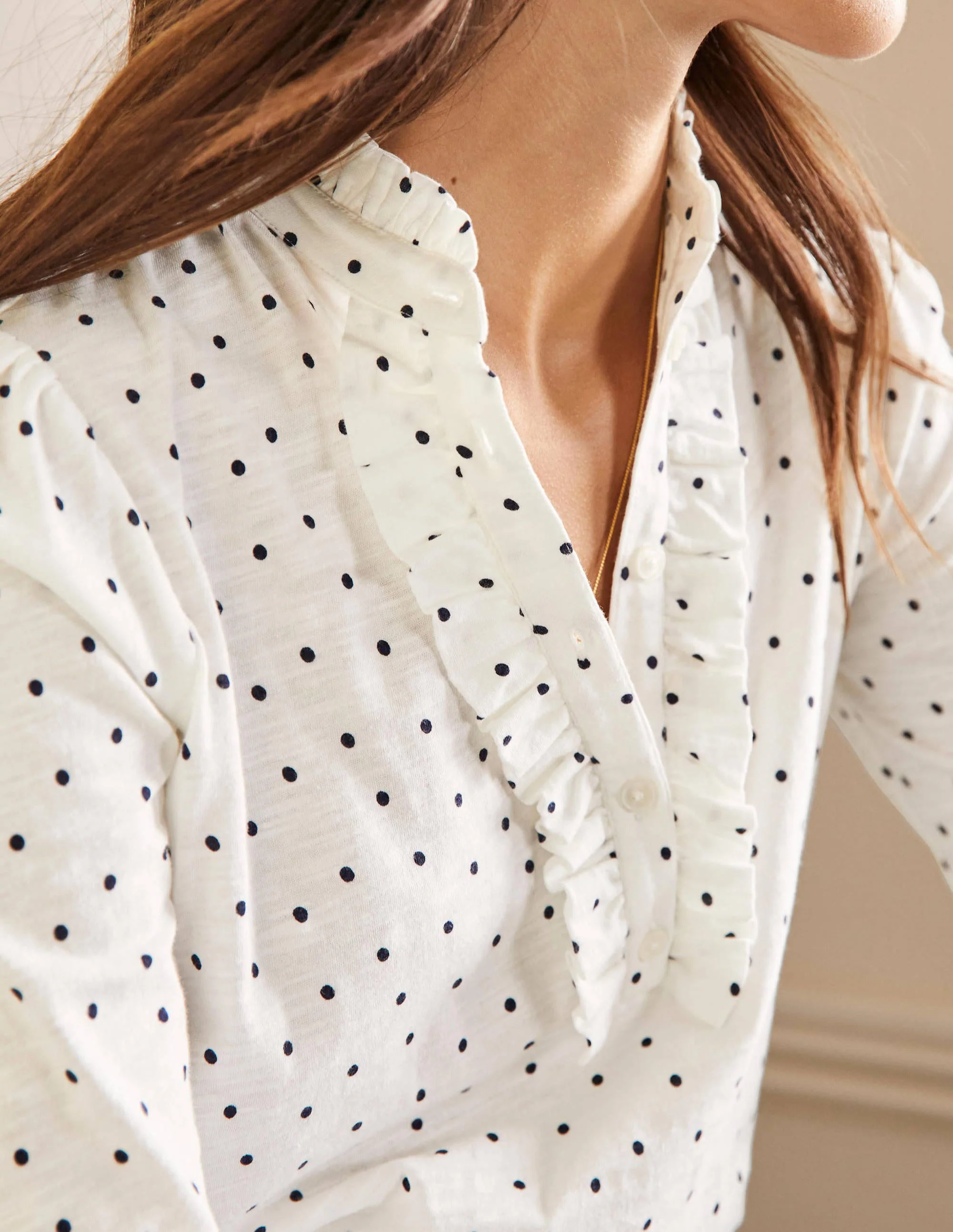 Ruffle Front Jersey Top-Ivory, Pin Dot - Image 2