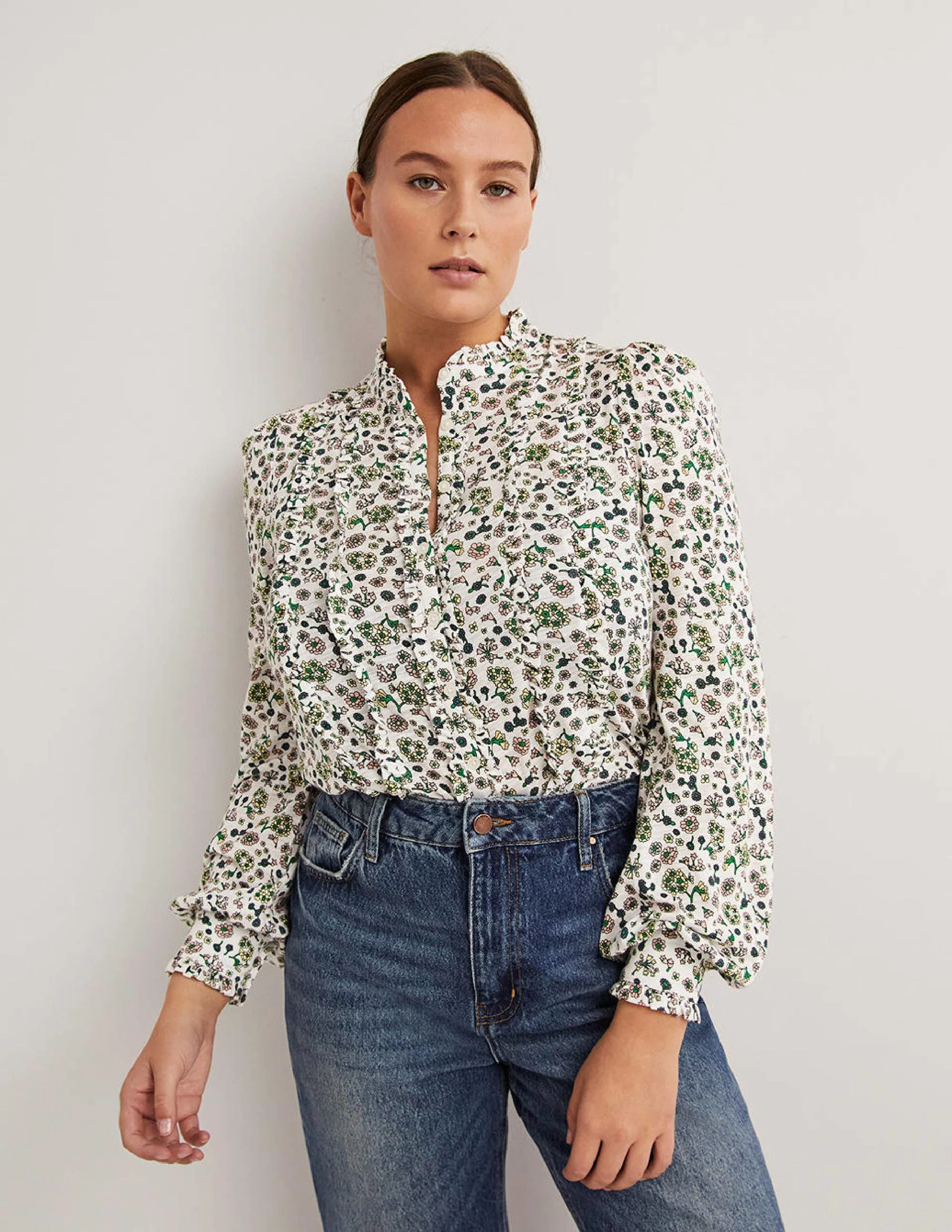 Ruffle Jersey Shirt-Ivory Ditsy Charm