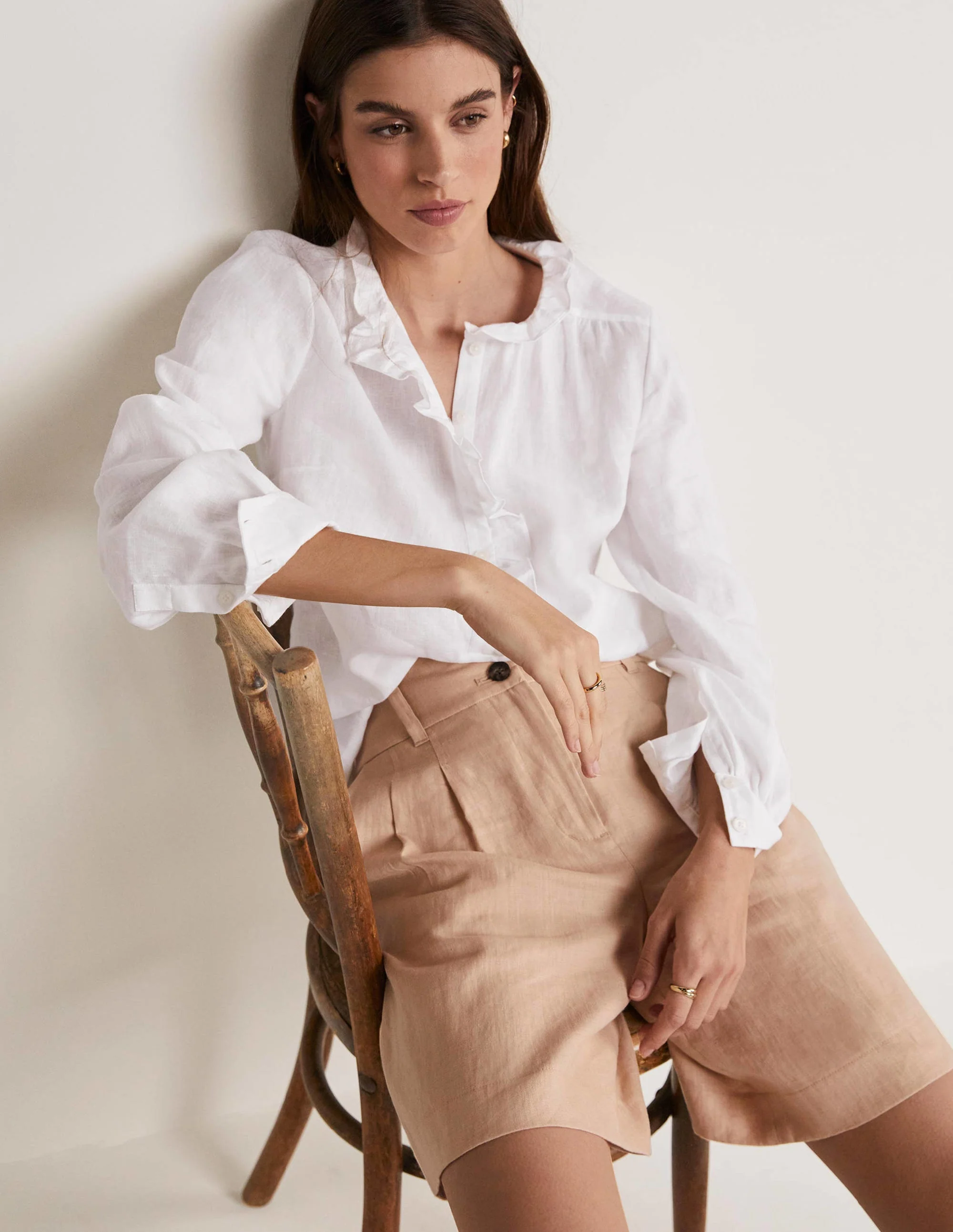 Ruffle Linen Popover Blouse-White - Image 10