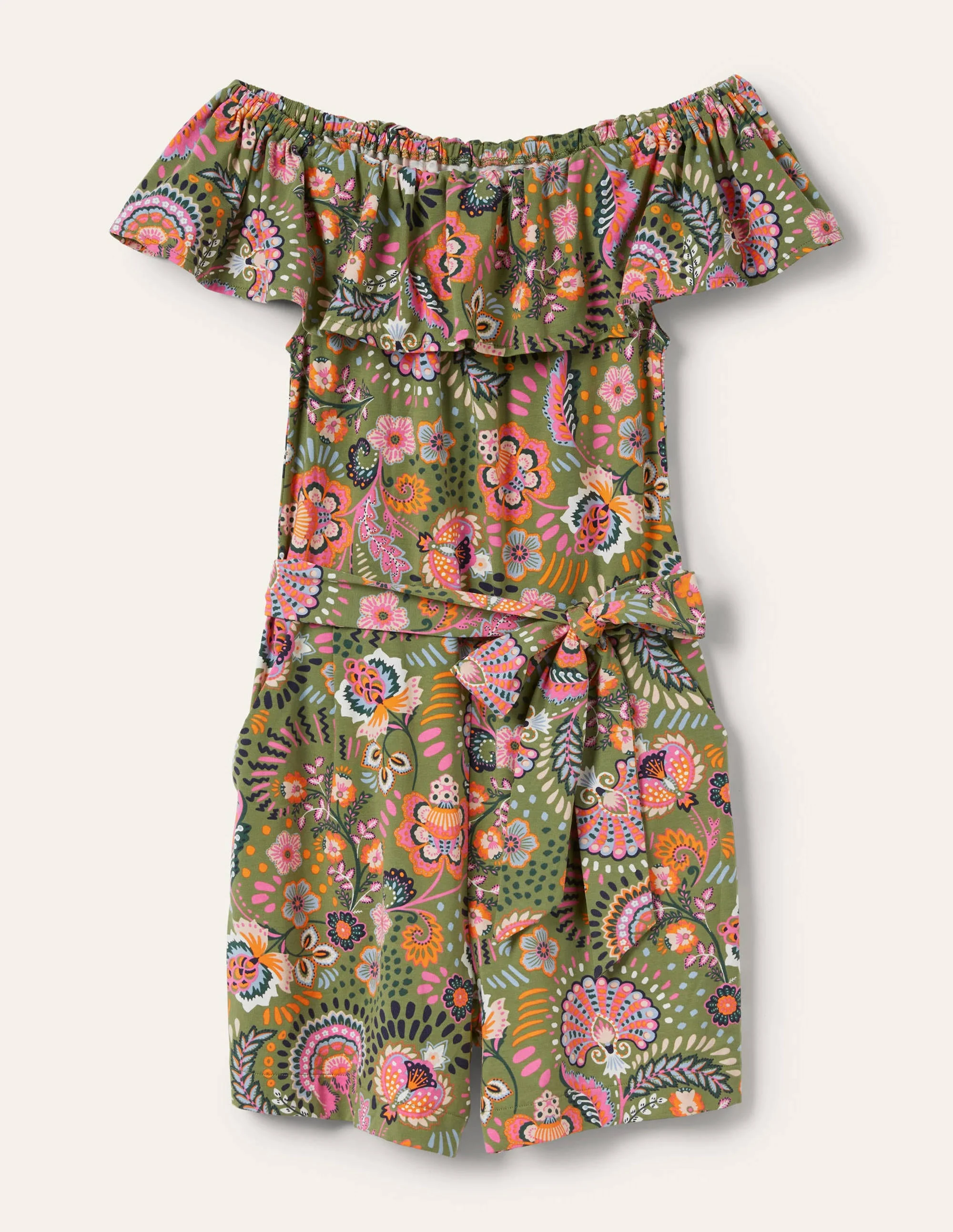 Ruffle Neck Jersey Playsuit-Pea, Decorative Meadow - Image 6