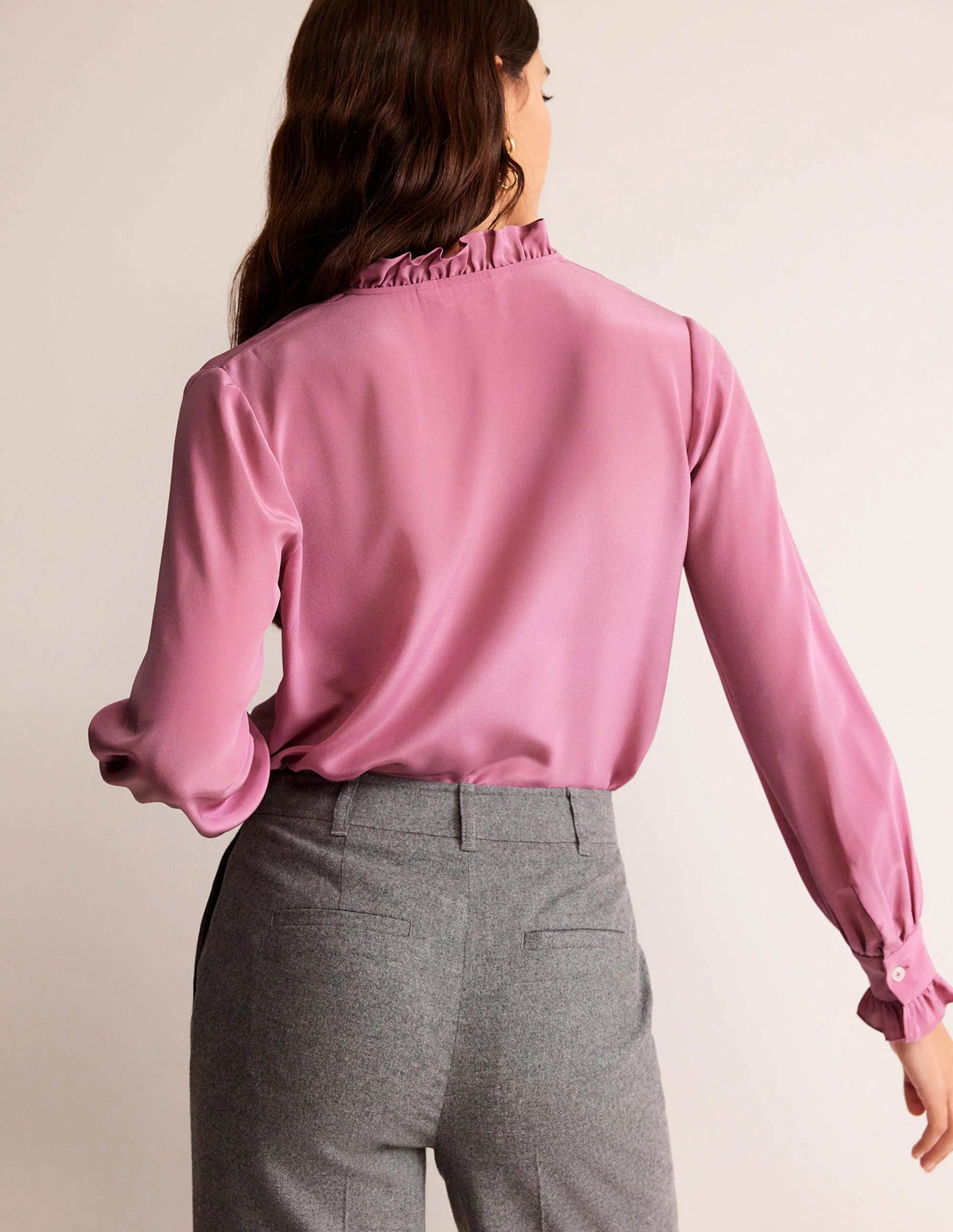 Ruffle Neck Silk Blouse-Strawberry Sherbet - Image 3