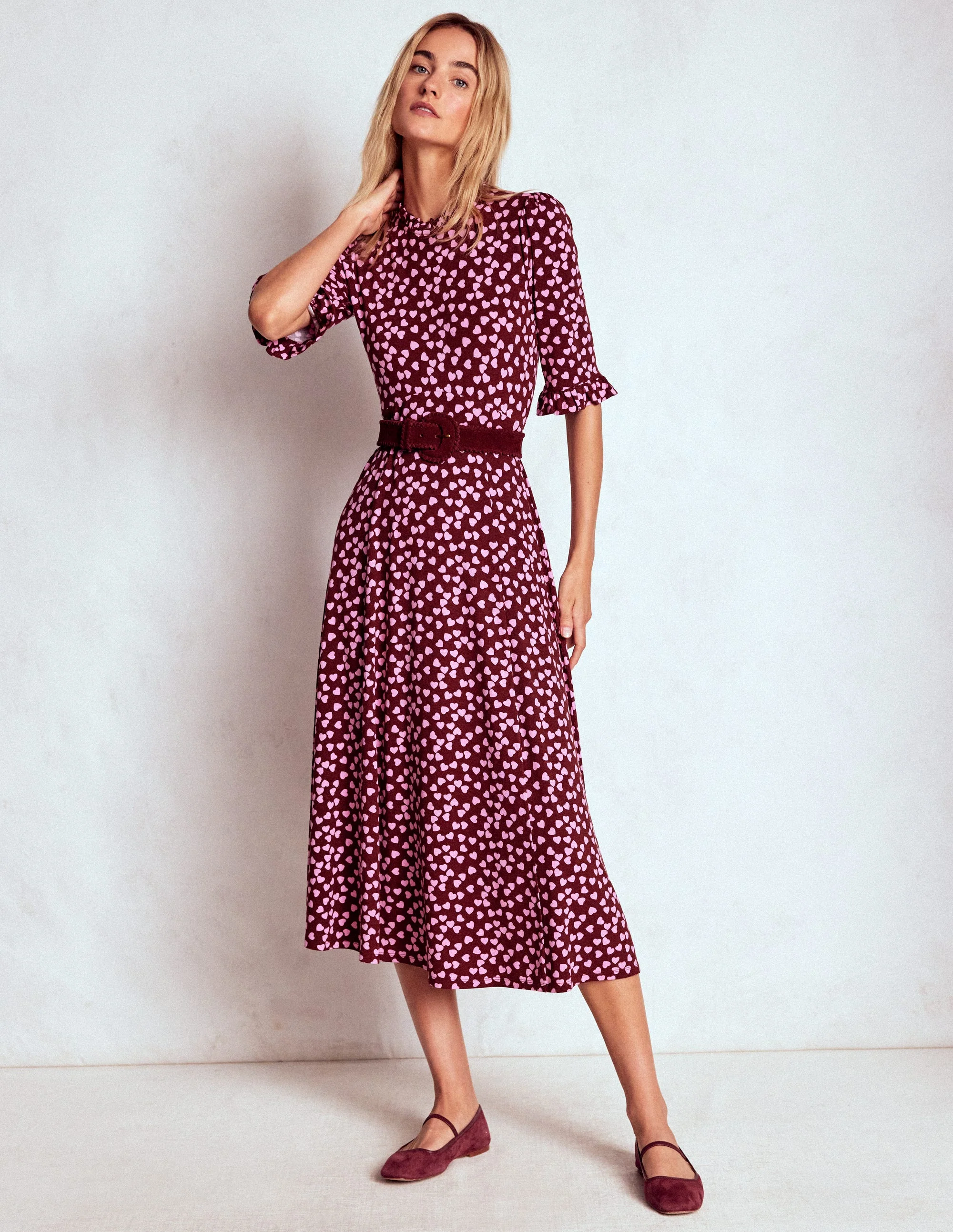 Ruffle Seamed Midi Dress-Chestnut, Heart Cascade