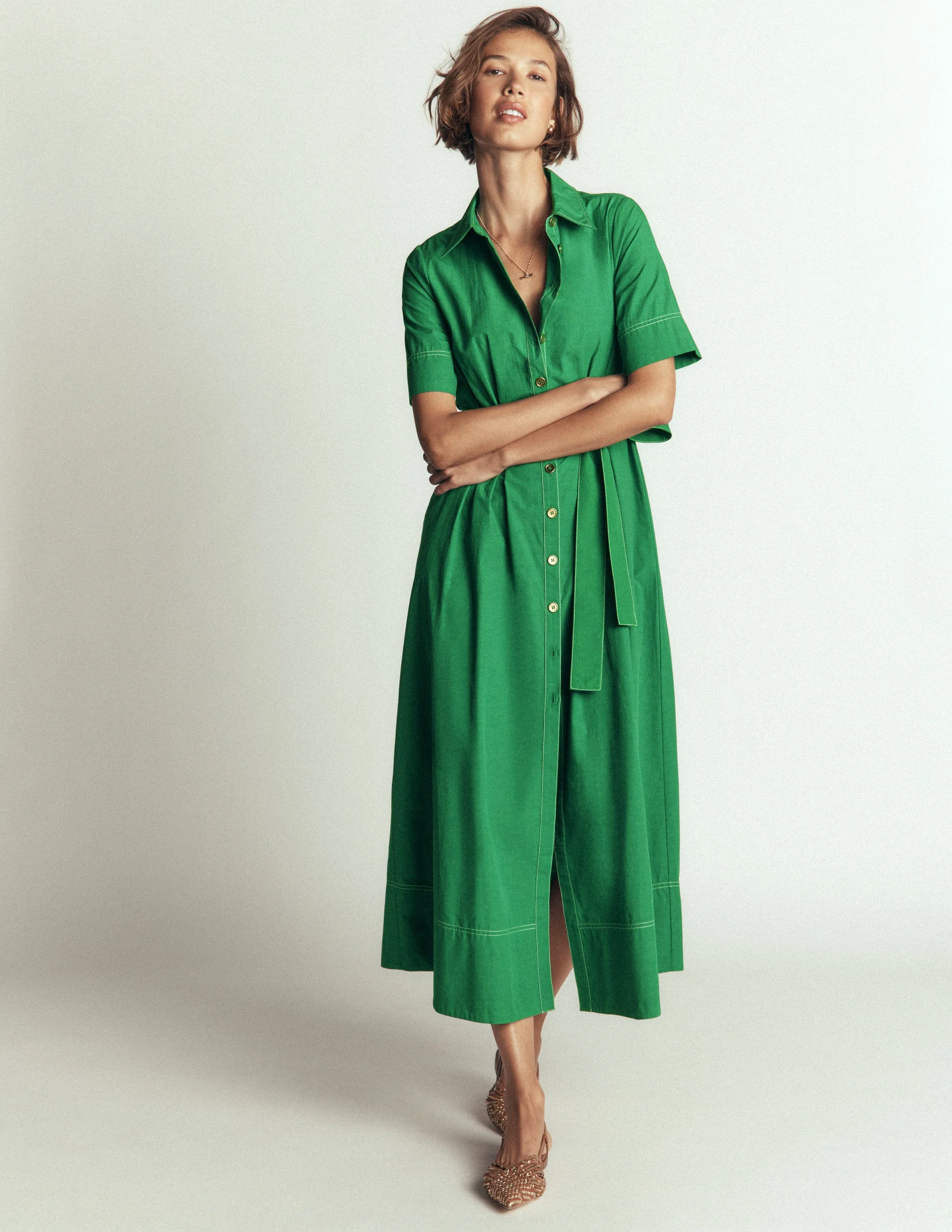 Sarah Cotton Midi Shirt Dress-Fresh Green - Image 4