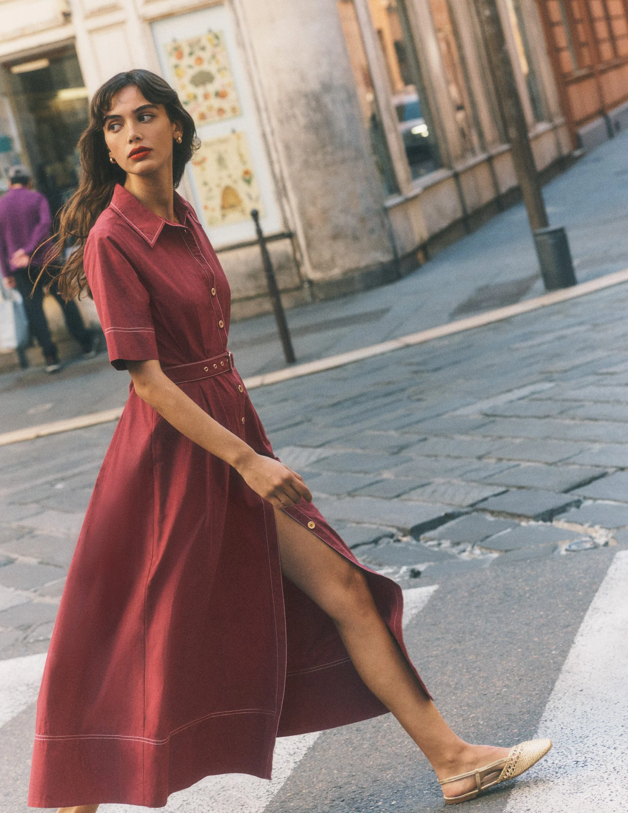 Sarah Cotton Midi Shirt Dress-Rich Chestnut