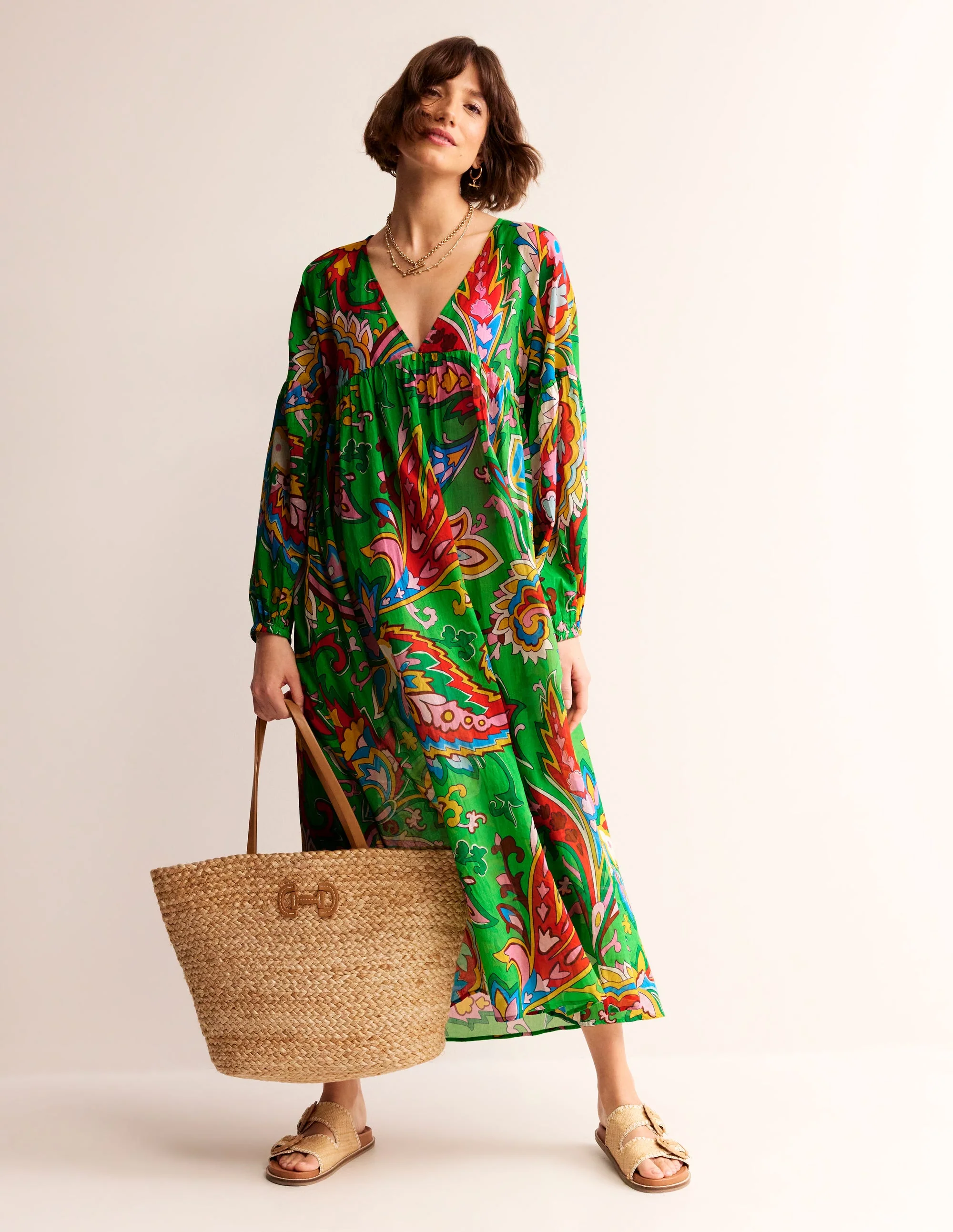 Sarah Maxi Kaftan Dress-Green, Rose Blush - Image 2