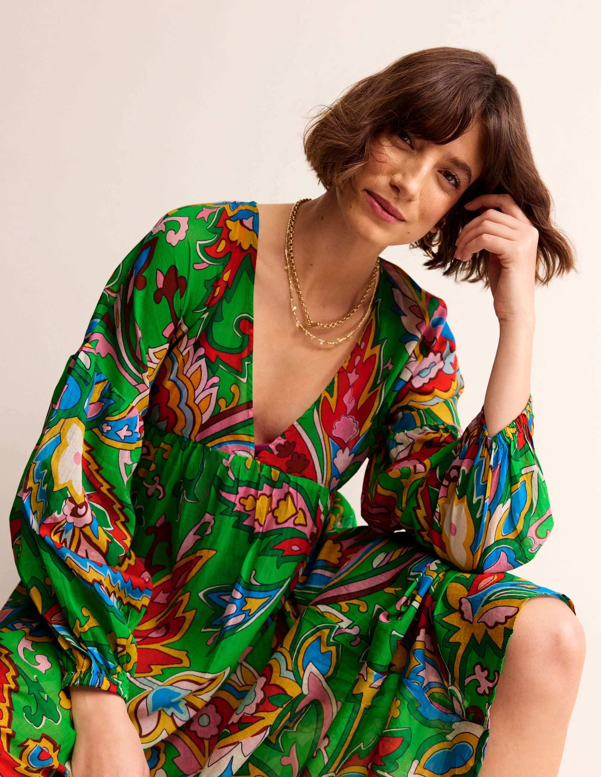 Sarah Maxi Kaftan Dress-Kelly Green, Paisley Azure