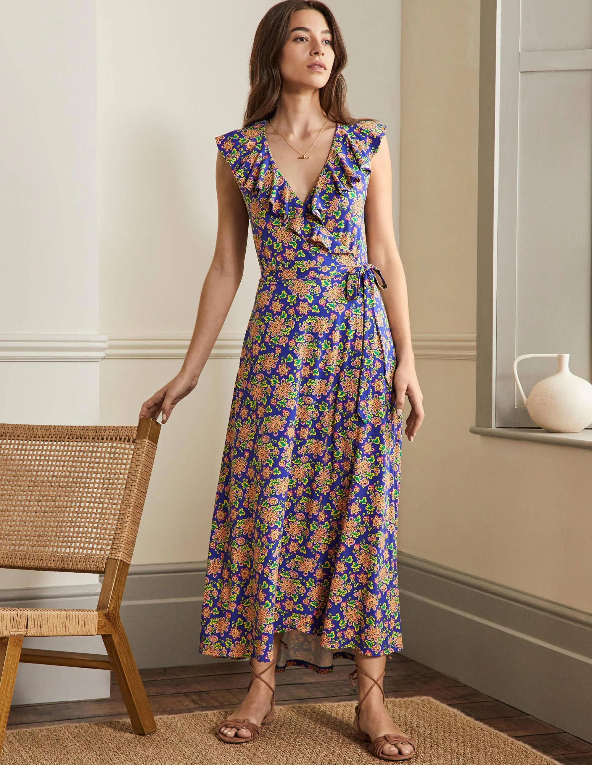 Saskia Wrap Jersey Maxi Dress-Atlantic Ocean, Wild Blooms