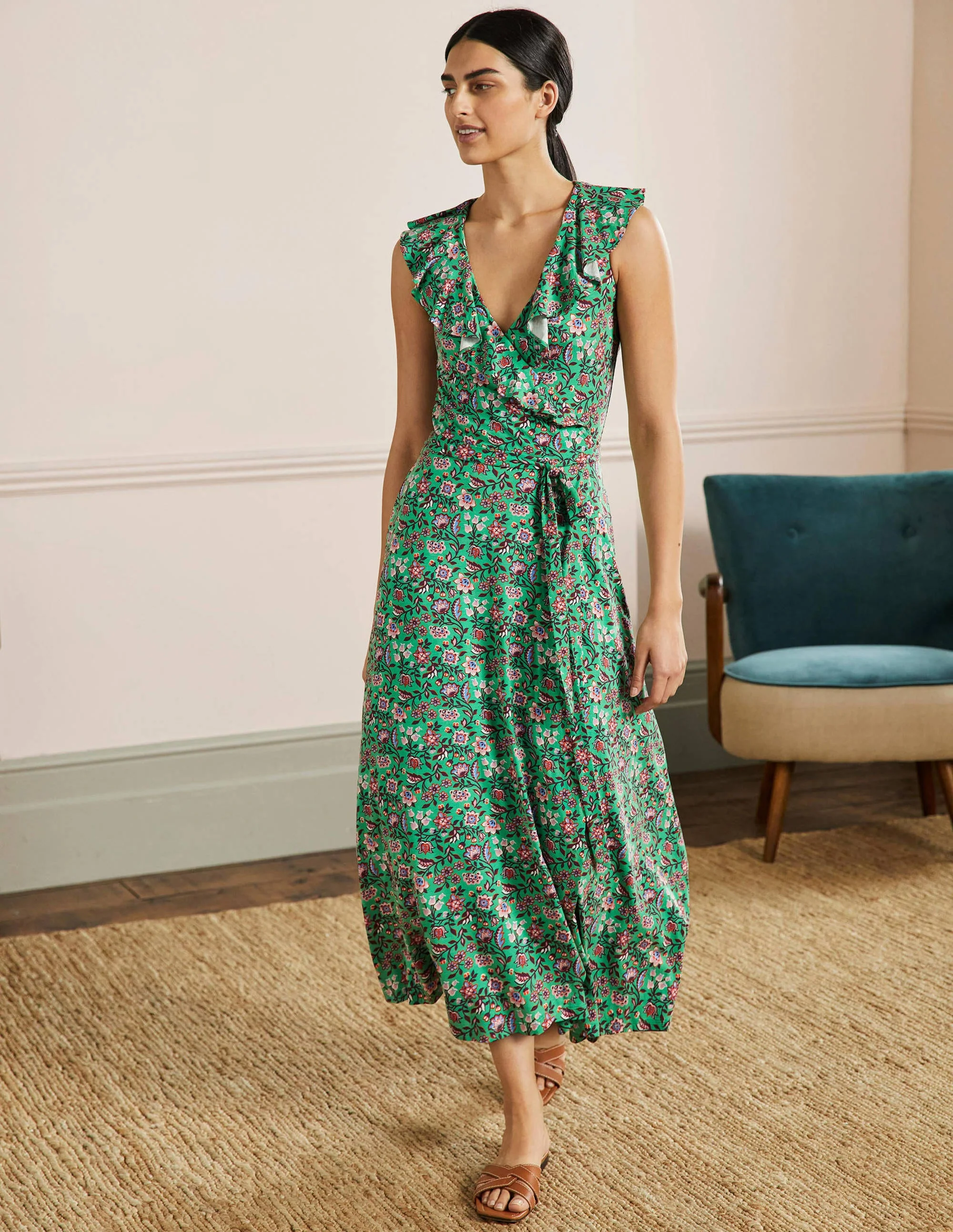 Saskia Wrap Jersey Maxi Dress-Green Lagoon, Oriental Meadow - Image 4