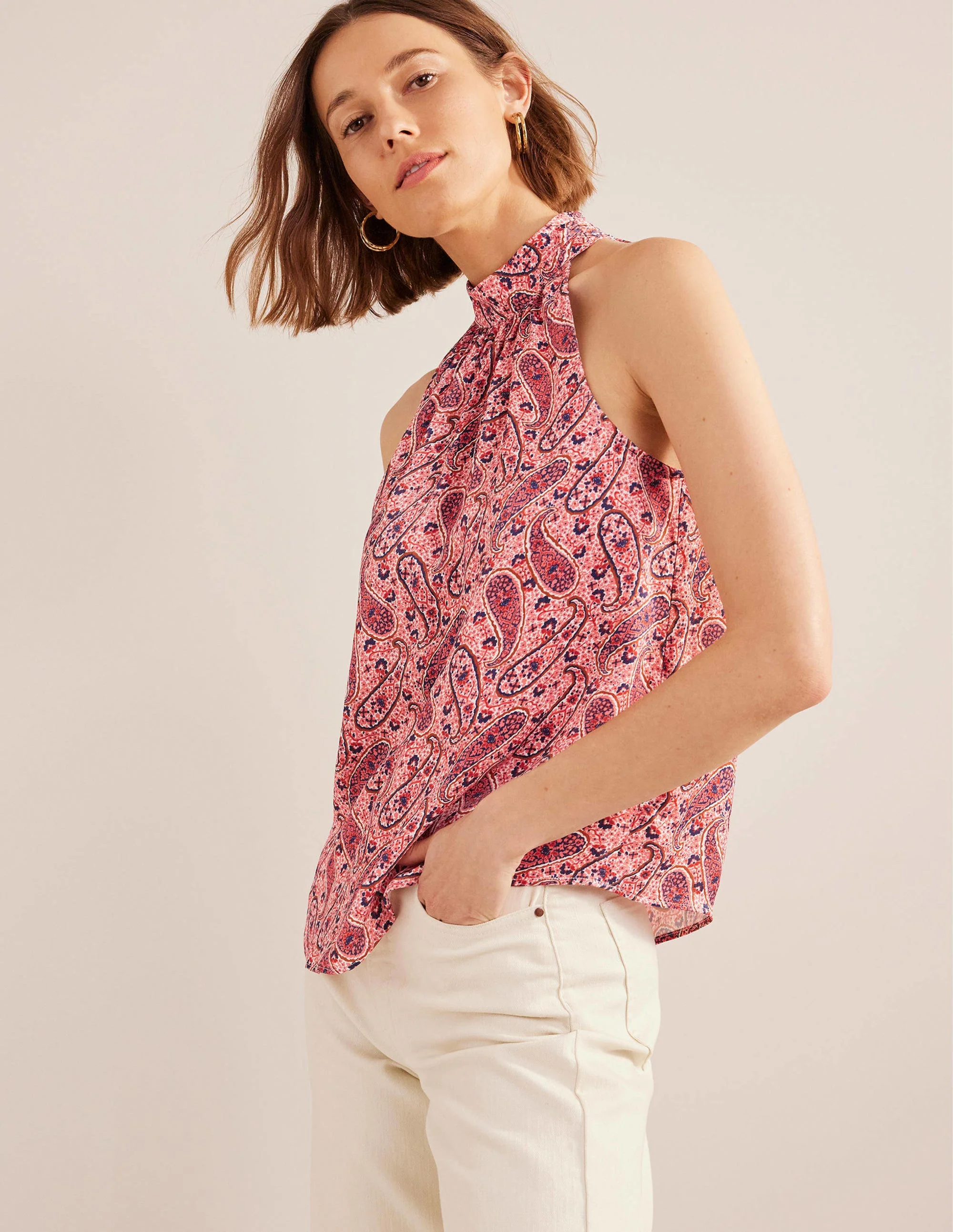 Satin Cutaway Top-Pink Sherbet, Paisley Bloom - Image 4