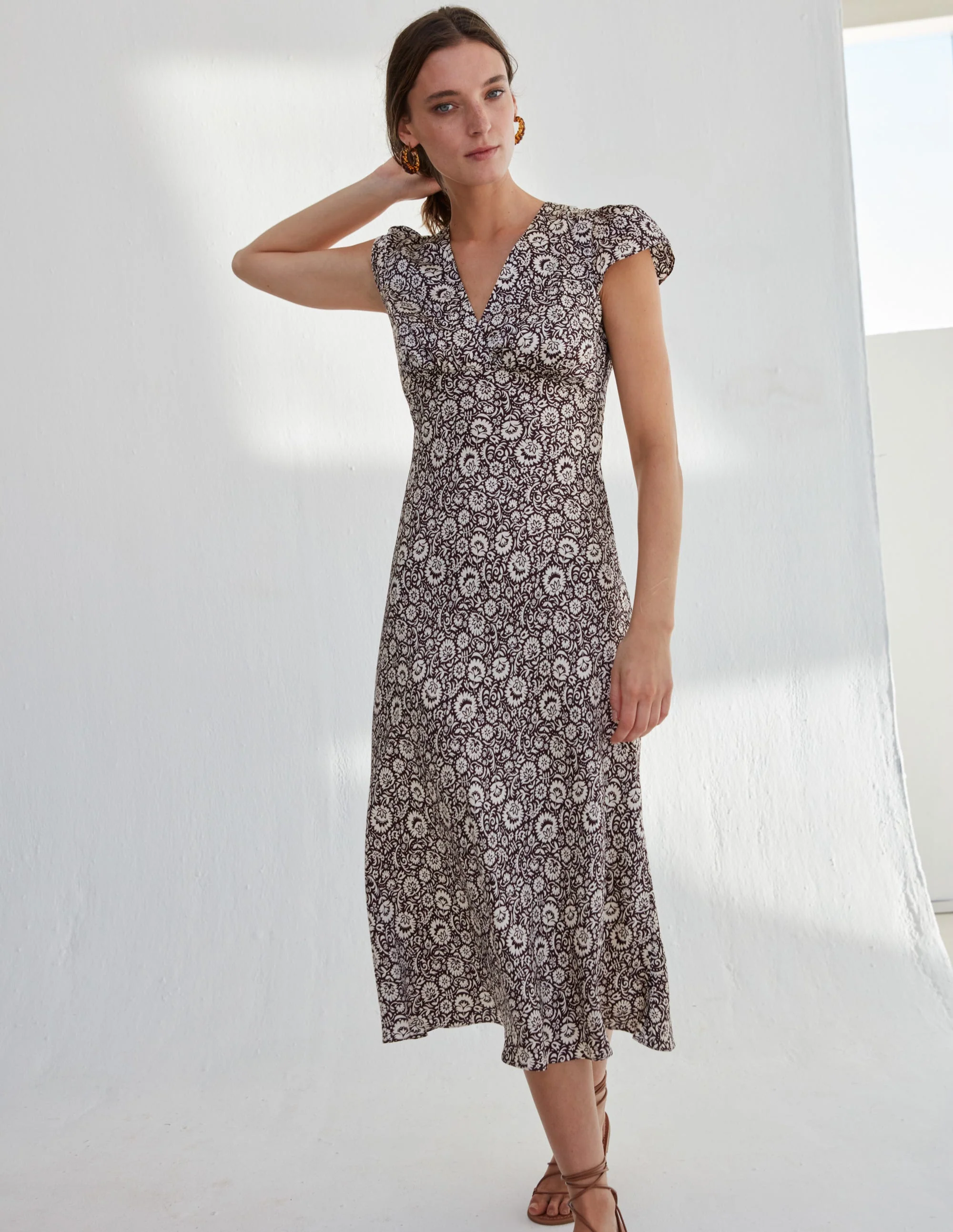 Satin Empire Midi Tea Dress-Dark Burgundy, Bloom Cascade - Image 5