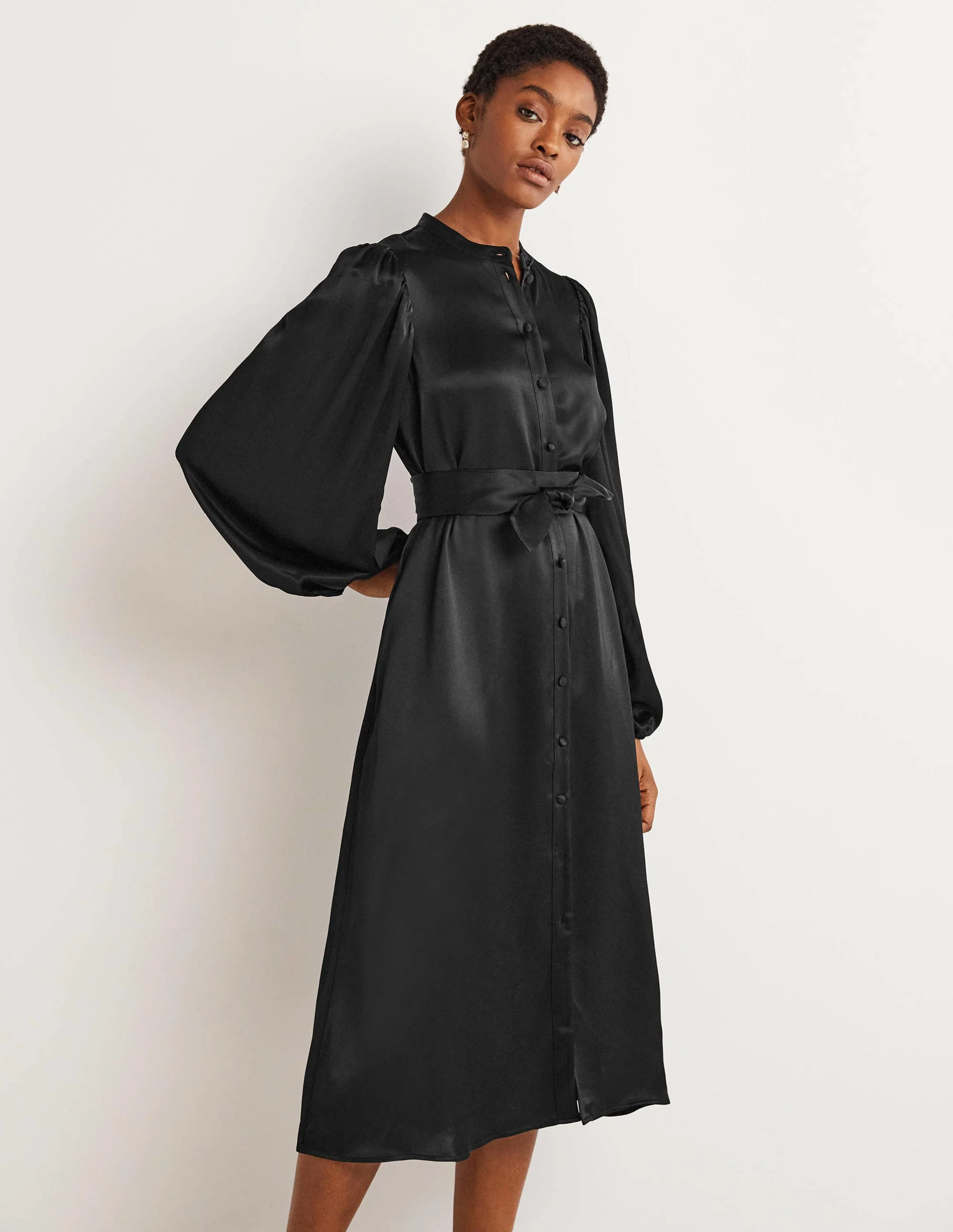Satin Midi Shirt Dress-Black