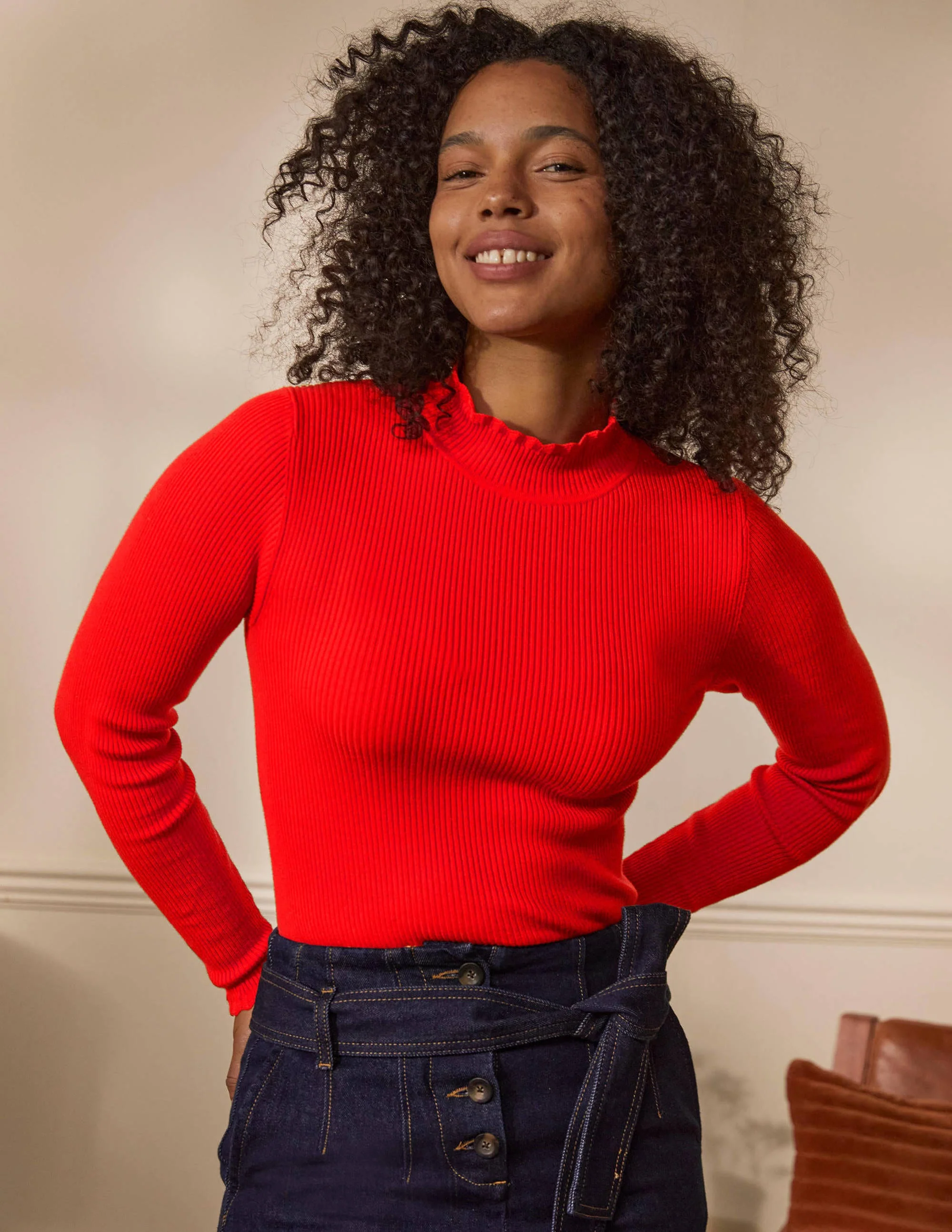 Scallop High Neck Jumper-Cherry Red - Image 4