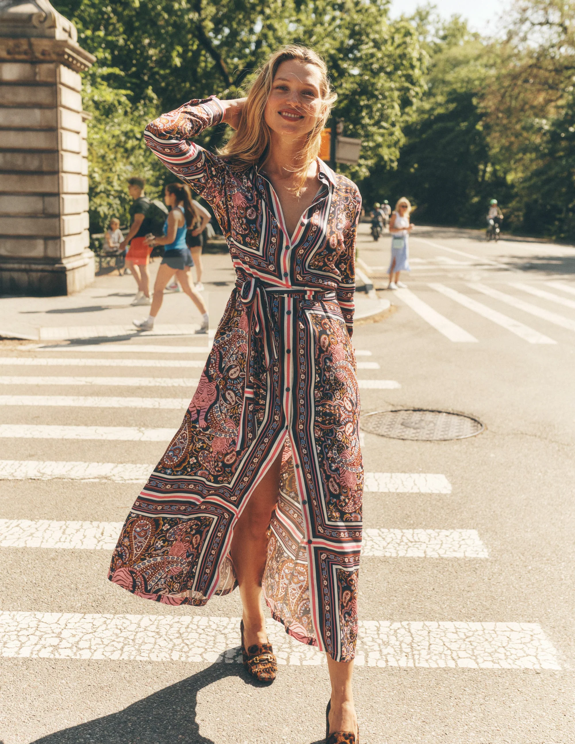 Scarf Print Shirt Dress-French Navy, Tiger Bloom - Image 5