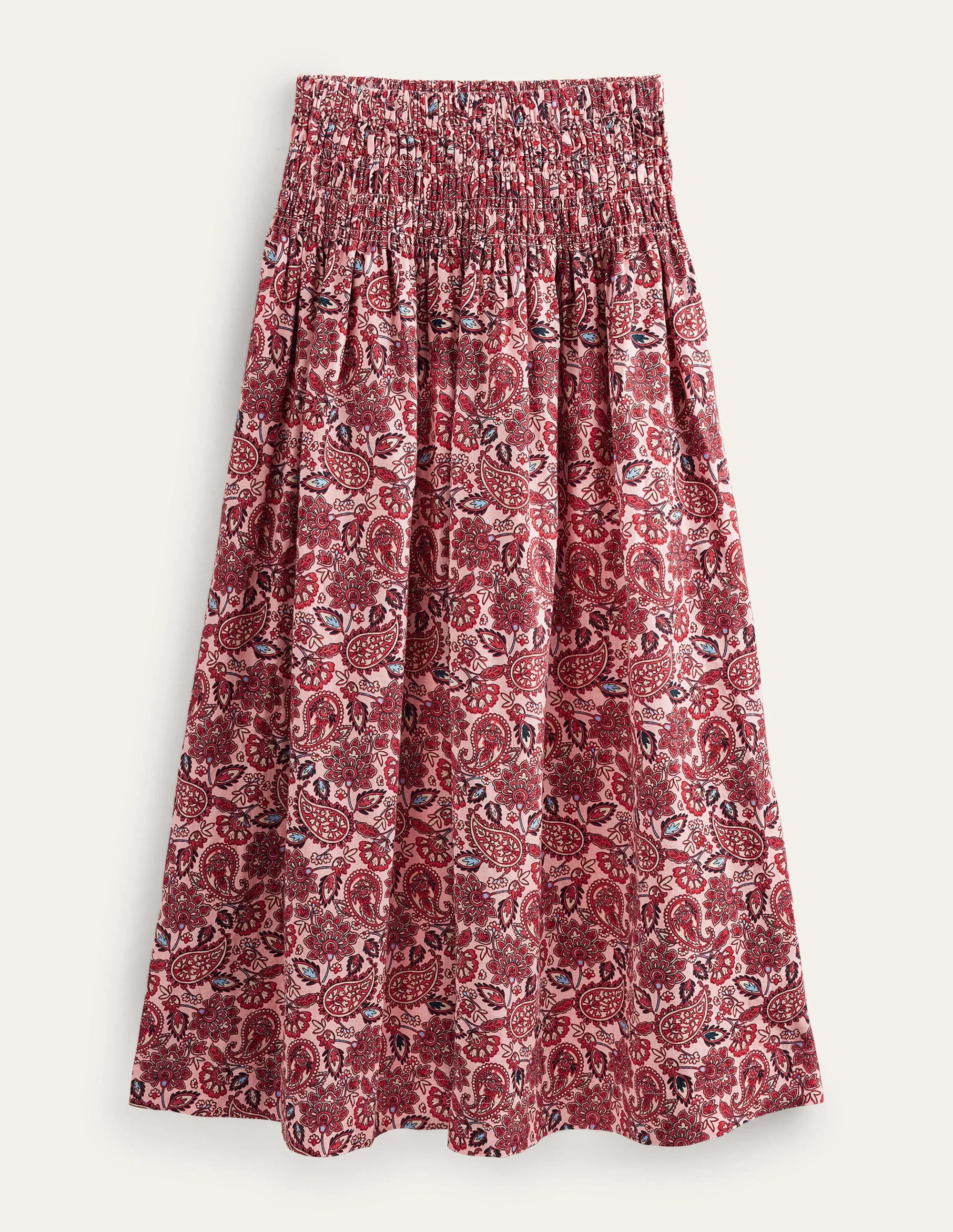 Shirred Waist Linen Midi Skirt-Chalky Pink, Paisley Terrace - Image 5