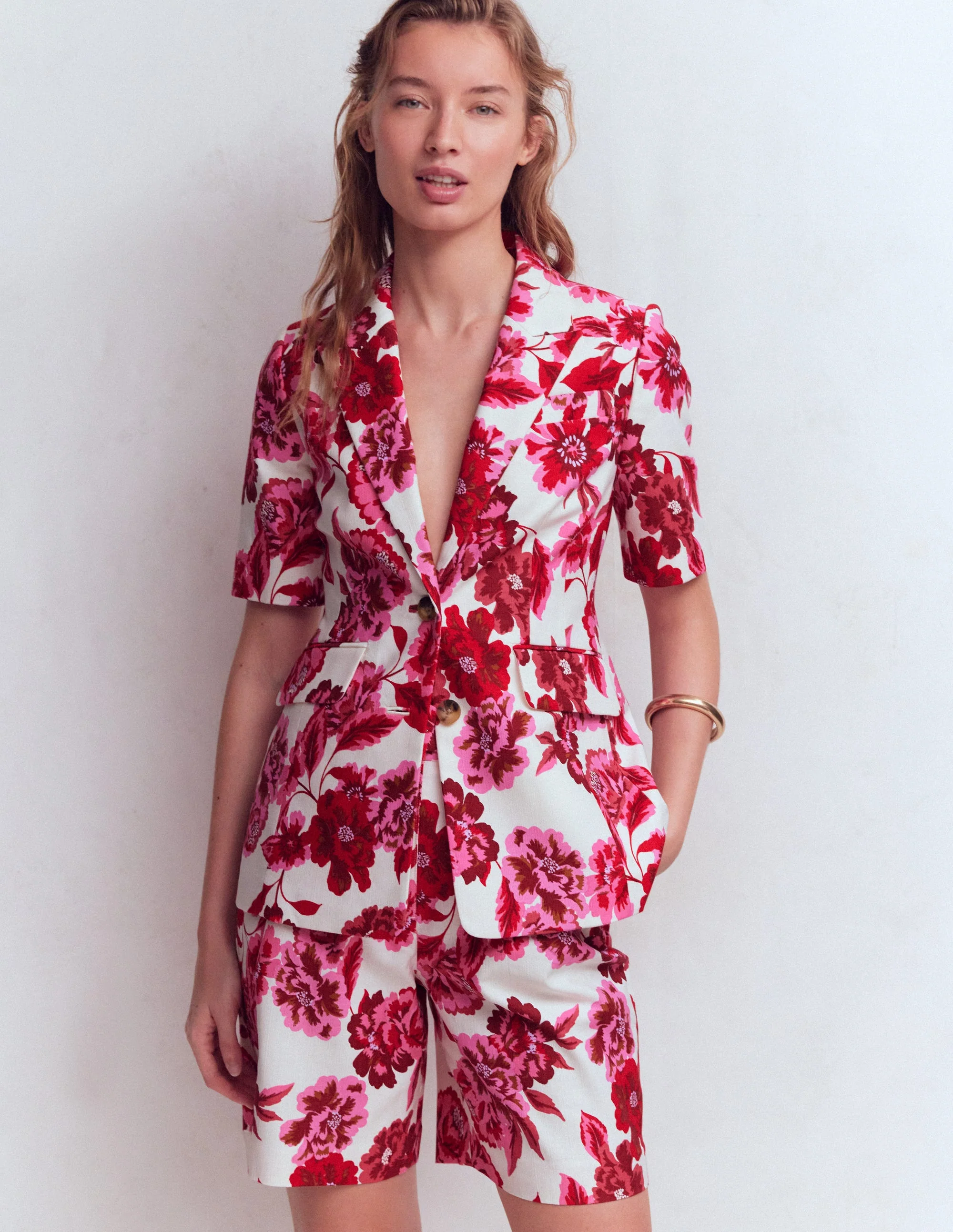 Short Sleeve Cotton Blazer-Sangria Sunset, Floral Print