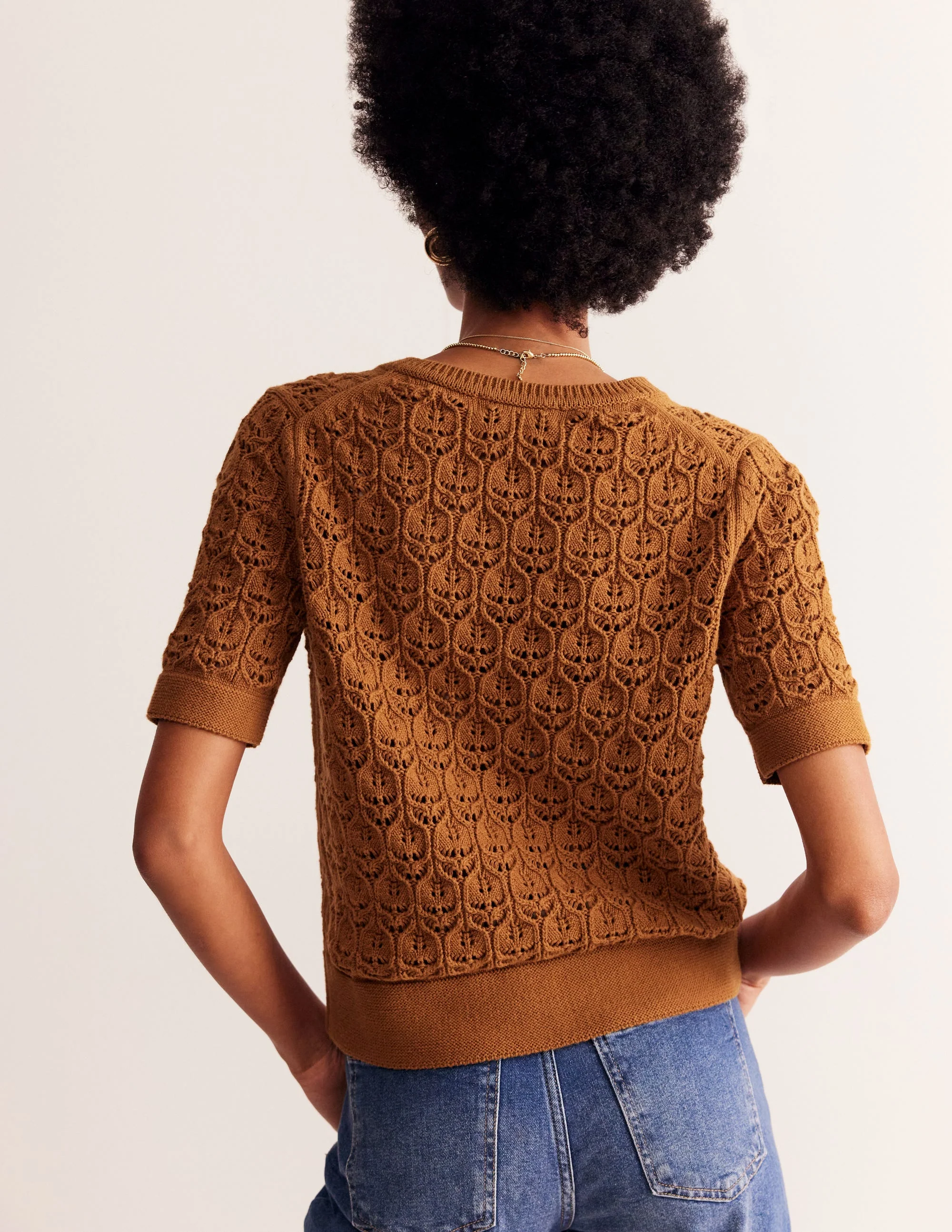 Short Sleeve Crochet Cardigan-Gingerbread Brown - Image 4