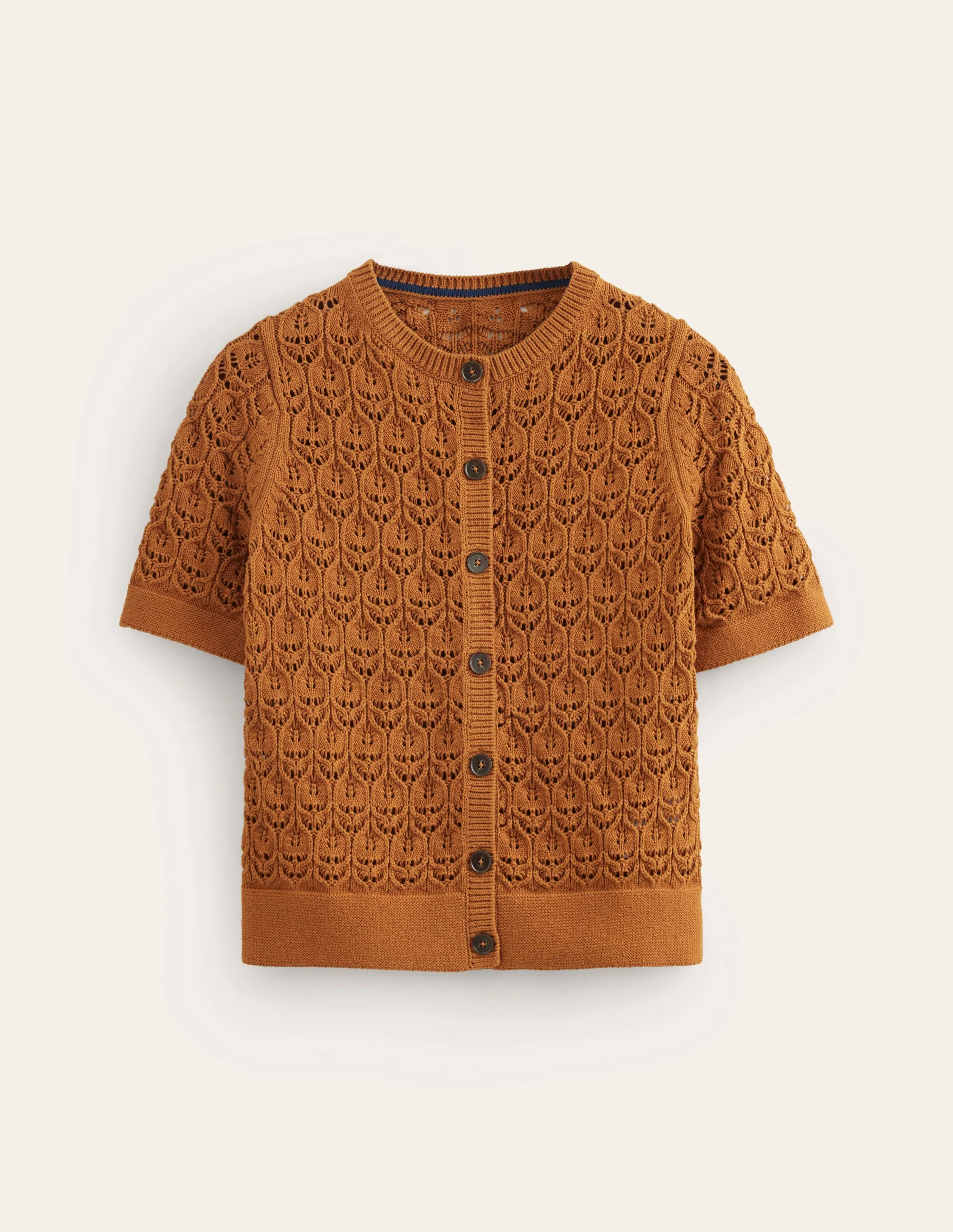 Short Sleeve Crochet Cardigan-Gingerbread Brown - Image 5