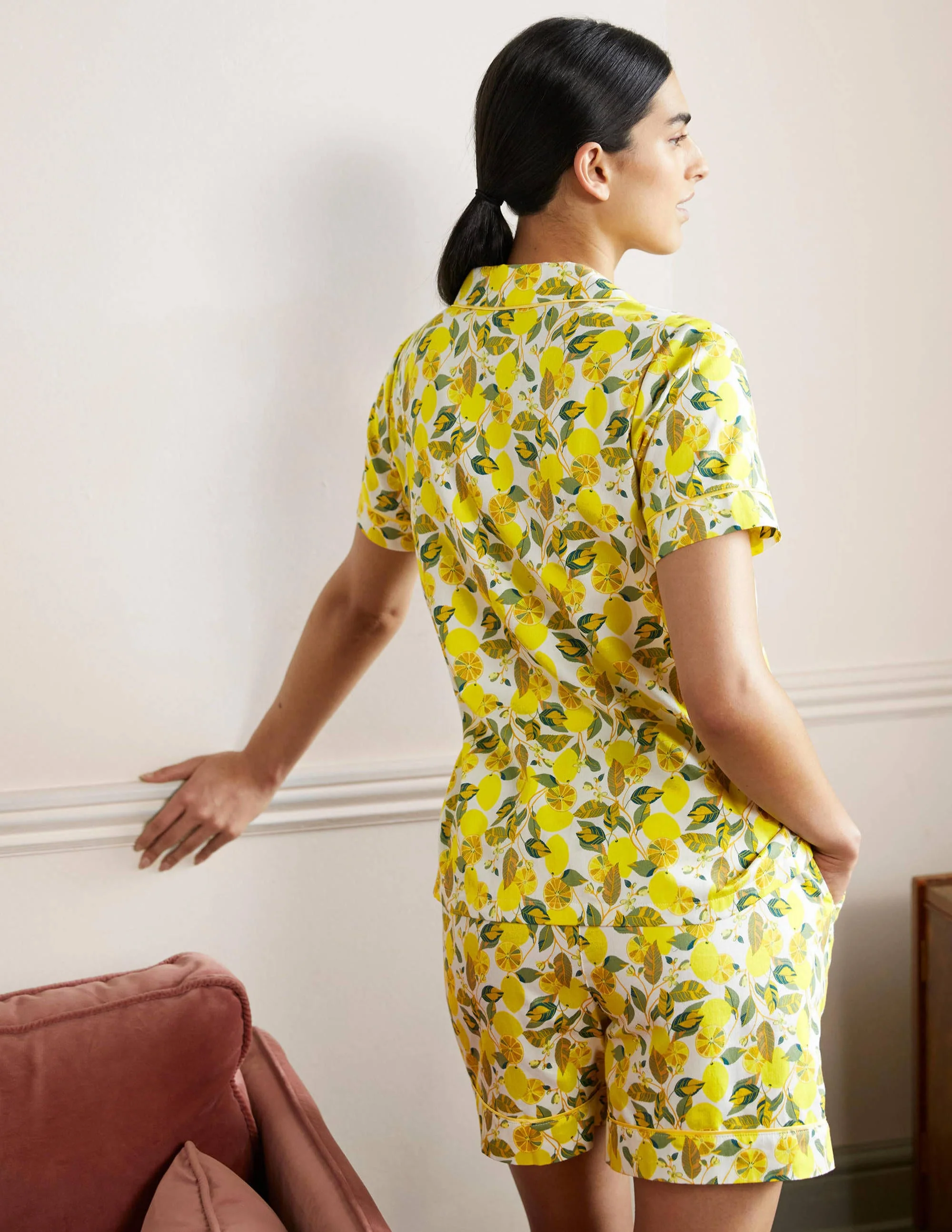 Short Sleeve Pyjama Shirt-Ivory, Lemon Vine - Image 3