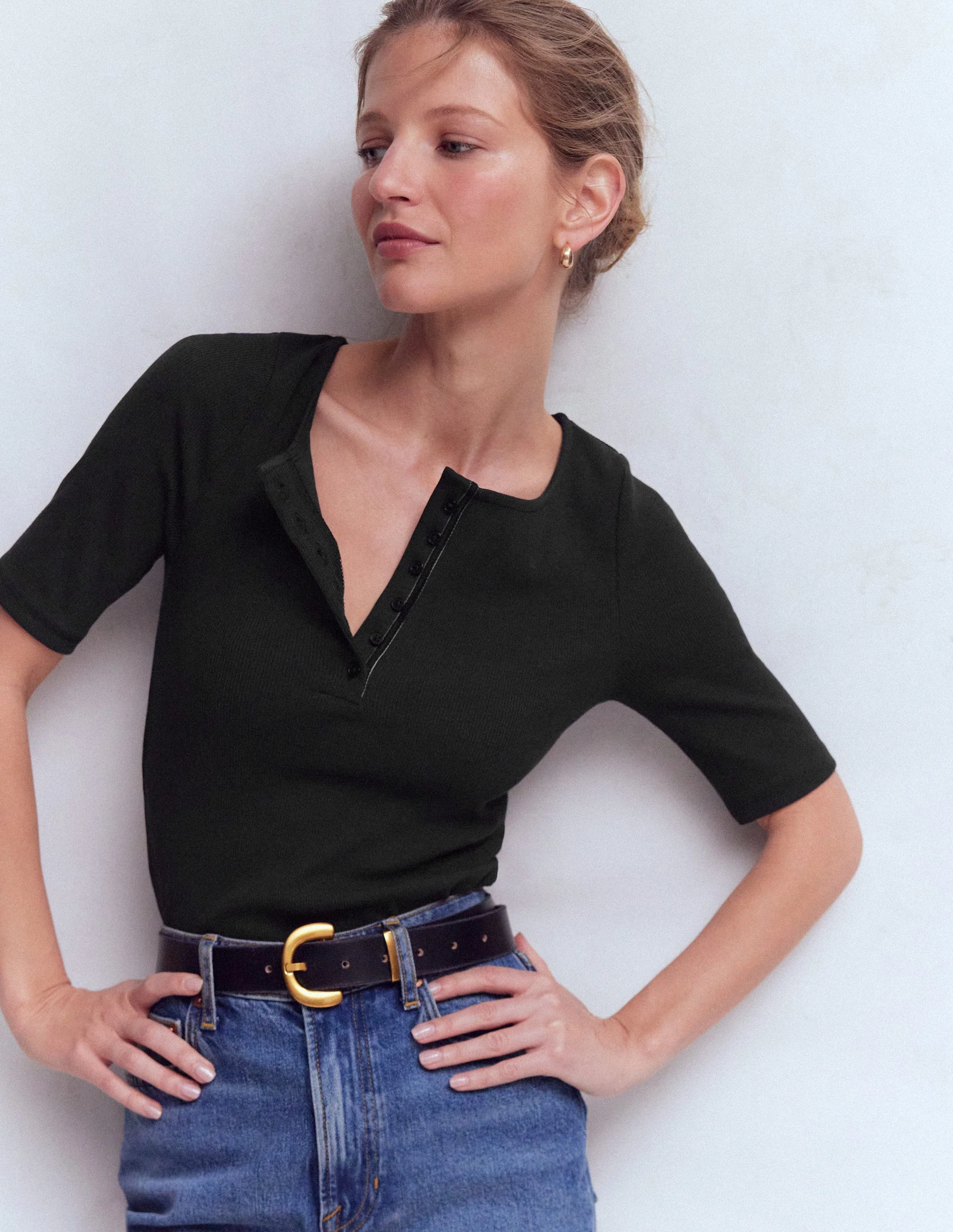 Short Sleeve Rib Henley-Black - Image 4