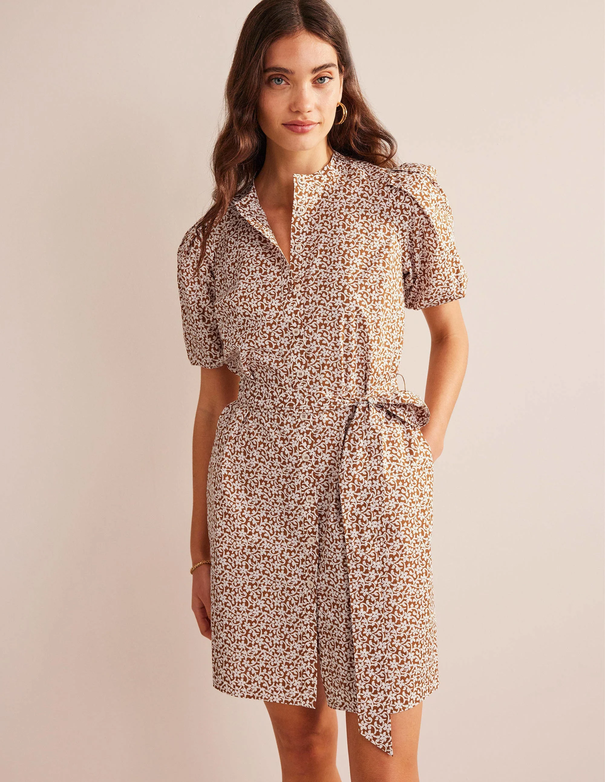 Short Sleeve Shirt Dress-Pumpkin, Flower Stem