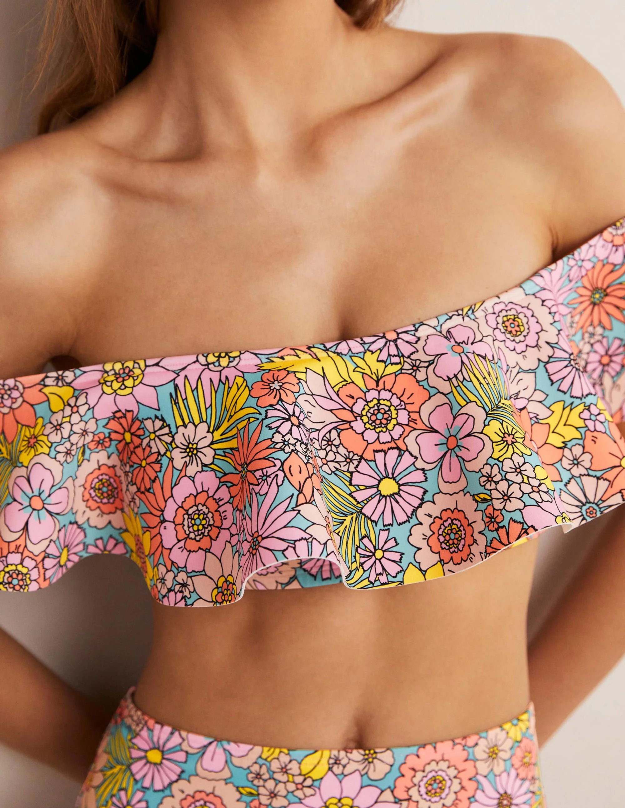 Siena Ruffle Bardot Bikini Top-Bonbon, Bloom Garden - Image 2
