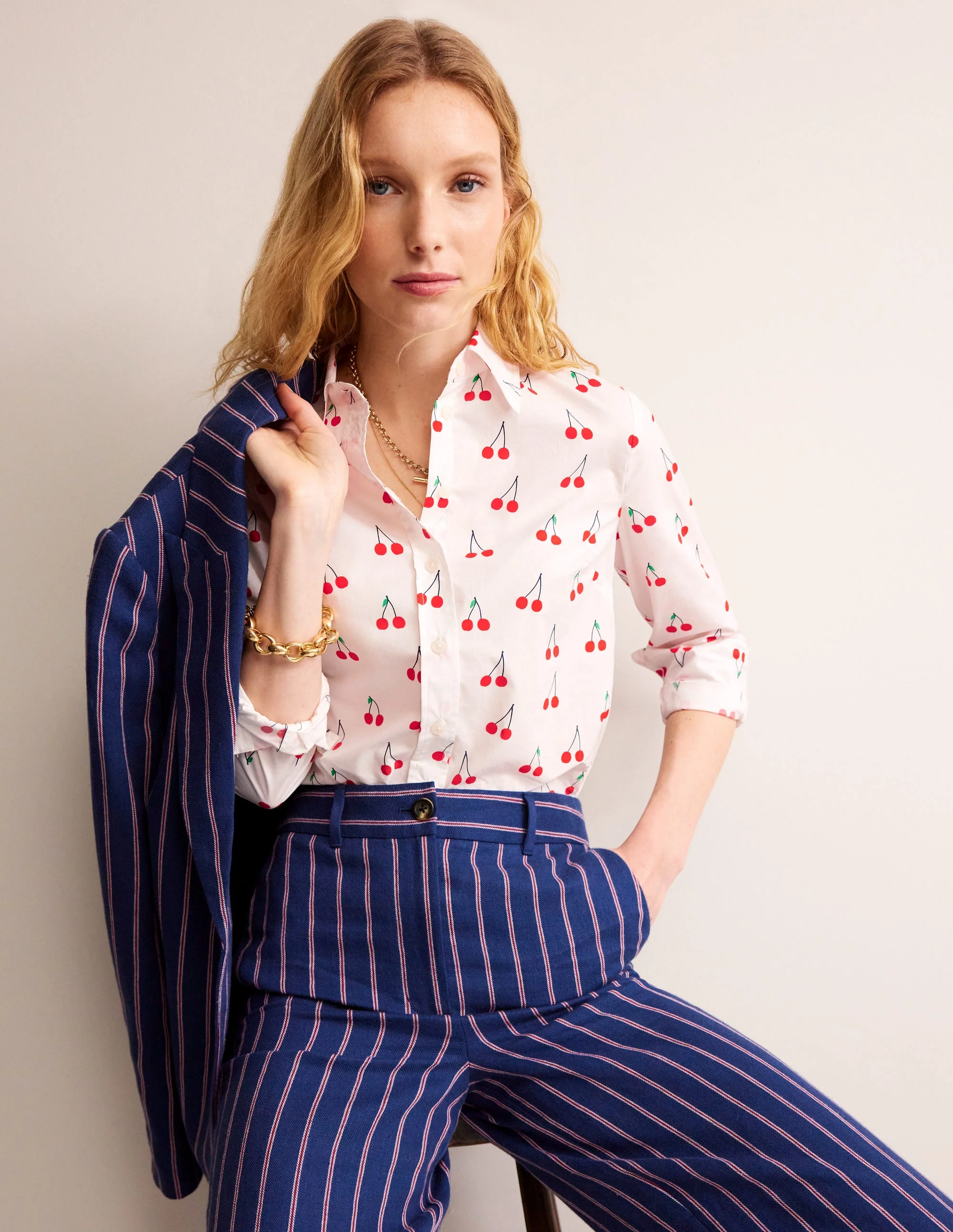 Sienna Cotton Shirt-Ivory, Cherry Vine