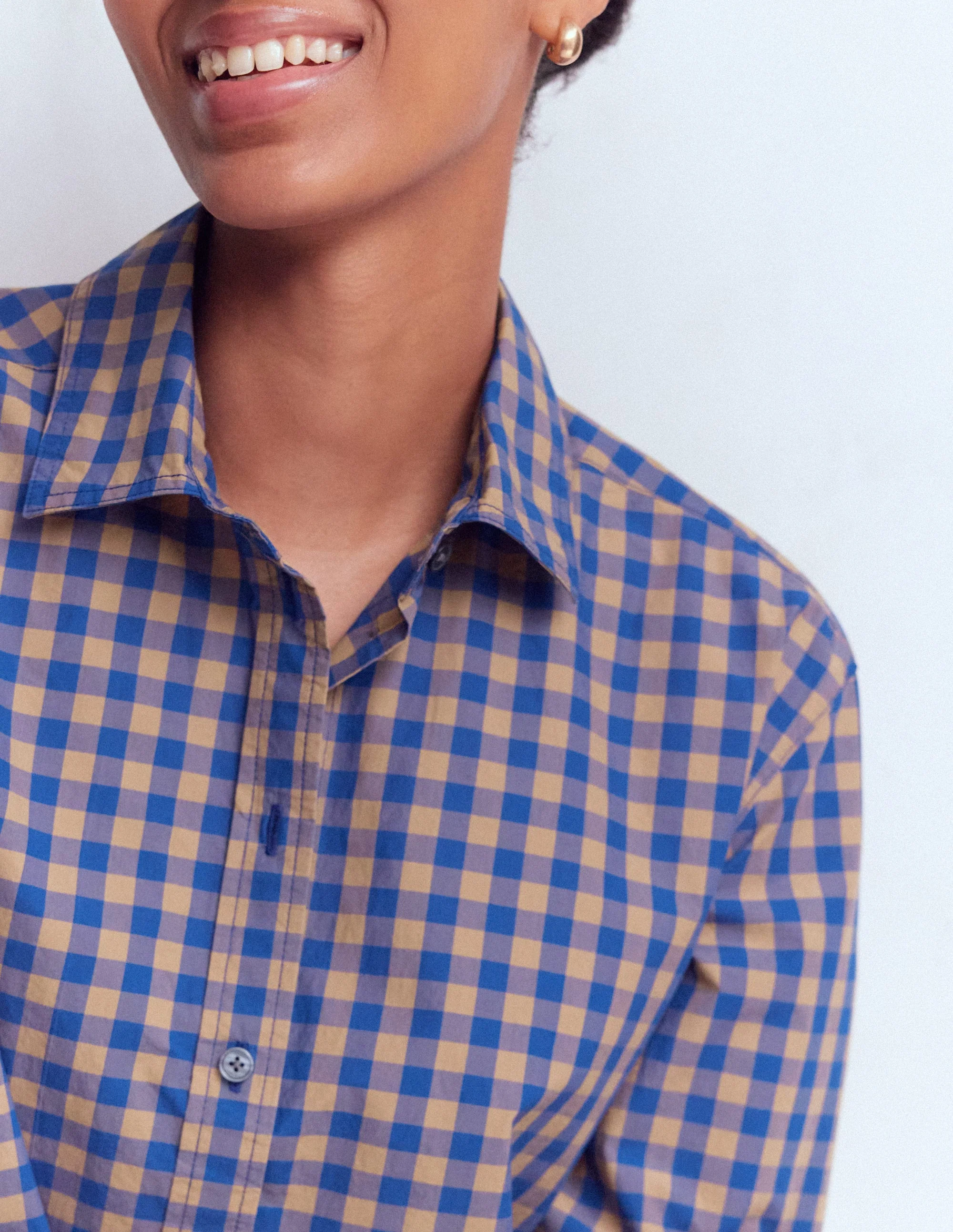 Sienna Cropped Cotton Shirt-Camel, Blue Gingham - Image 2