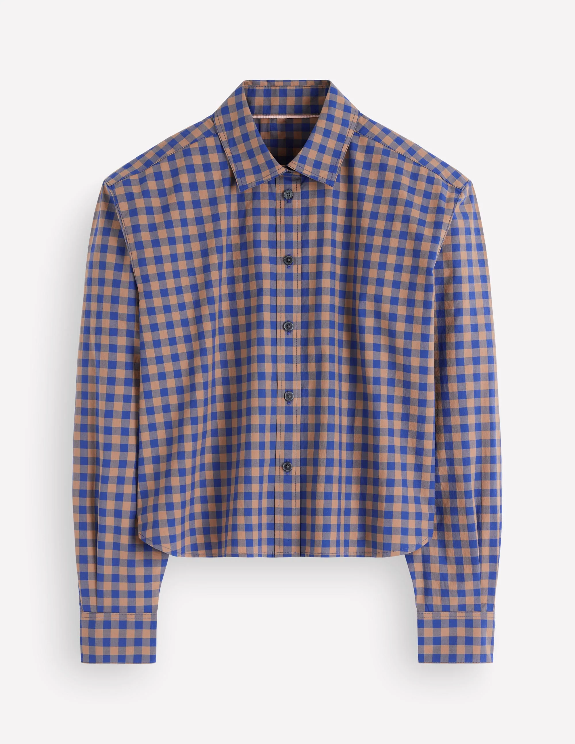 Sienna Cropped Cotton Shirt-Camel, Blue Gingham - Image 6