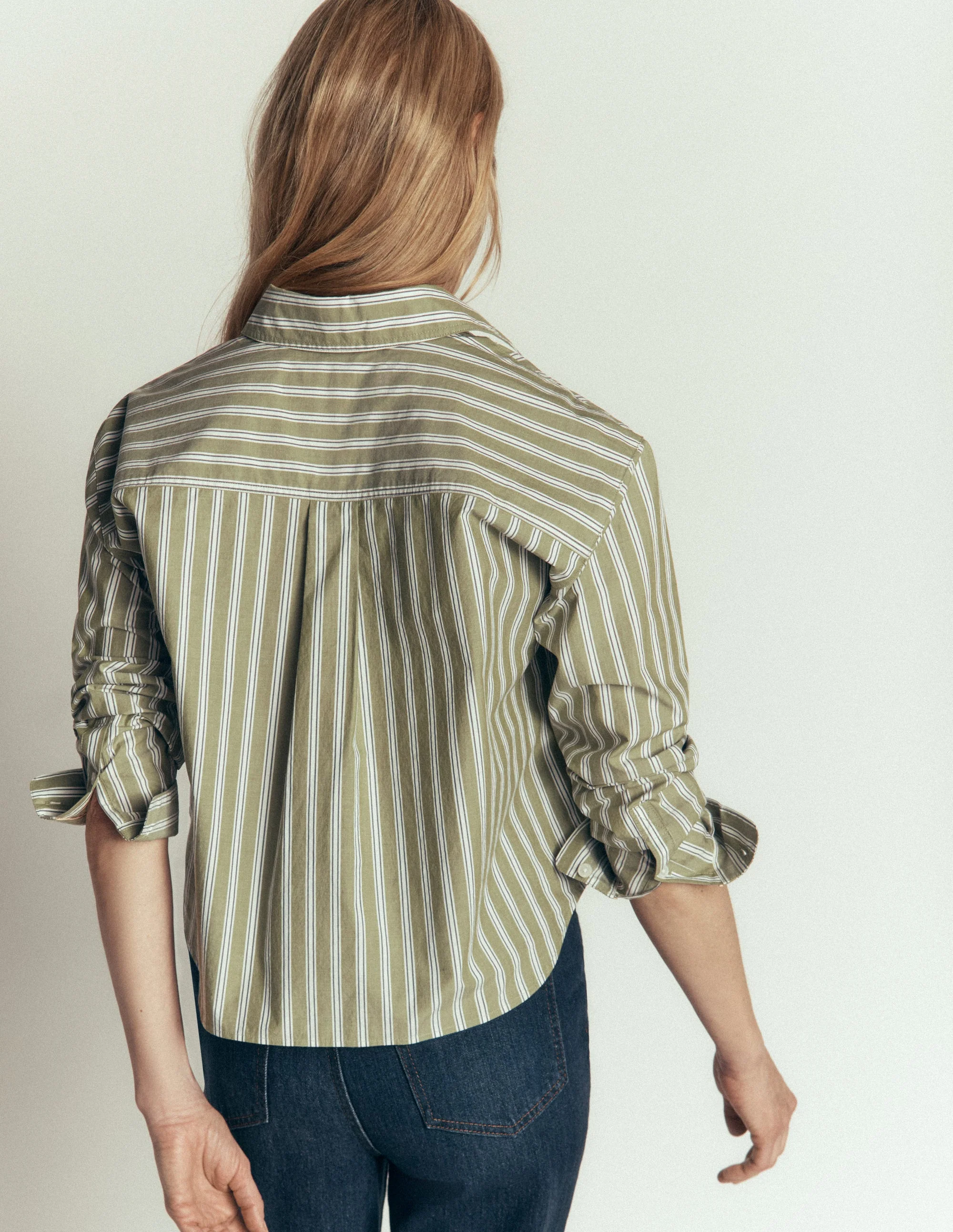 Sienna Cropped Cotton Shirt-Olive, Navy Tram Stripe - Image 2