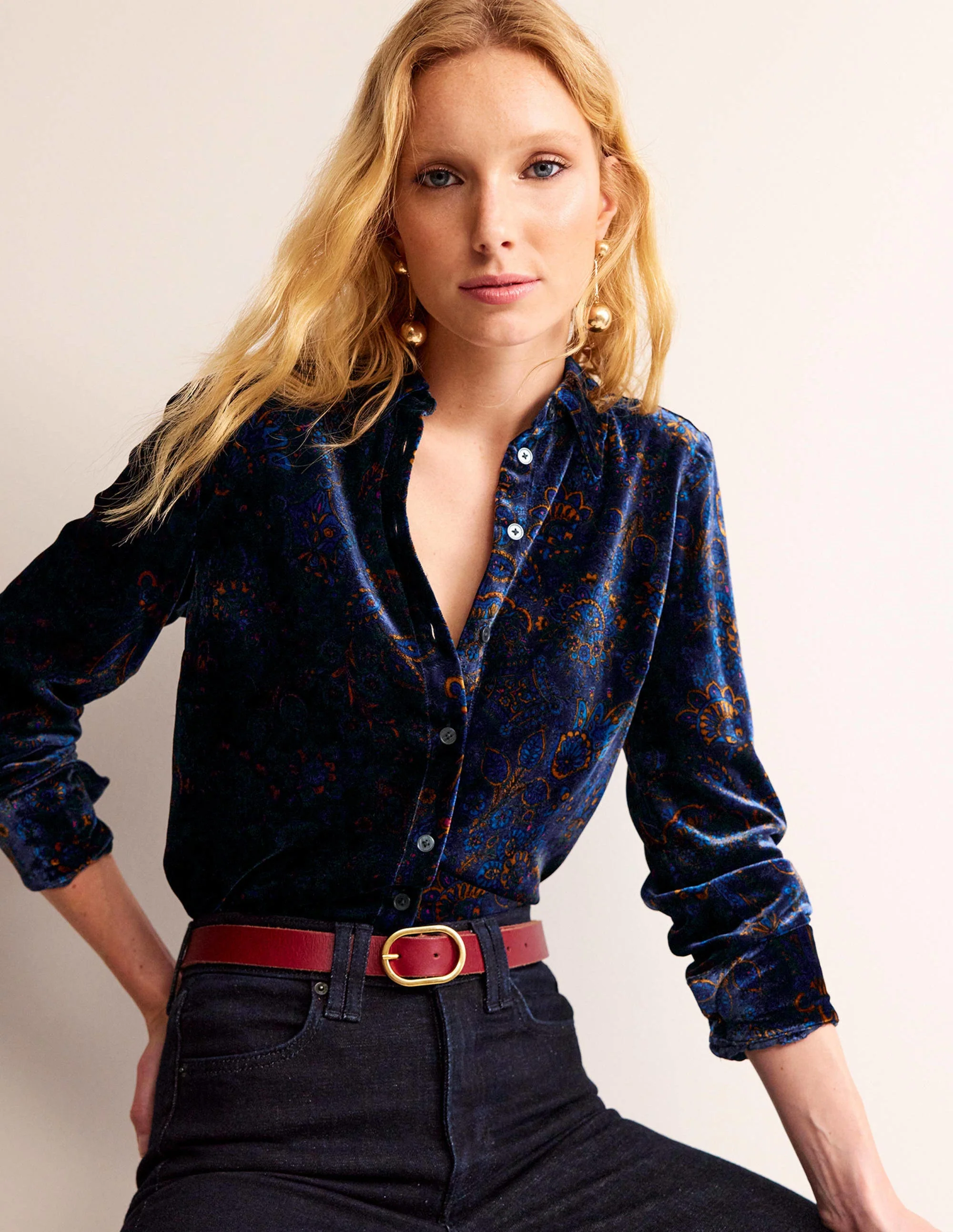 Sienna Velvet Shirt-French Navy, Azalea Bloom