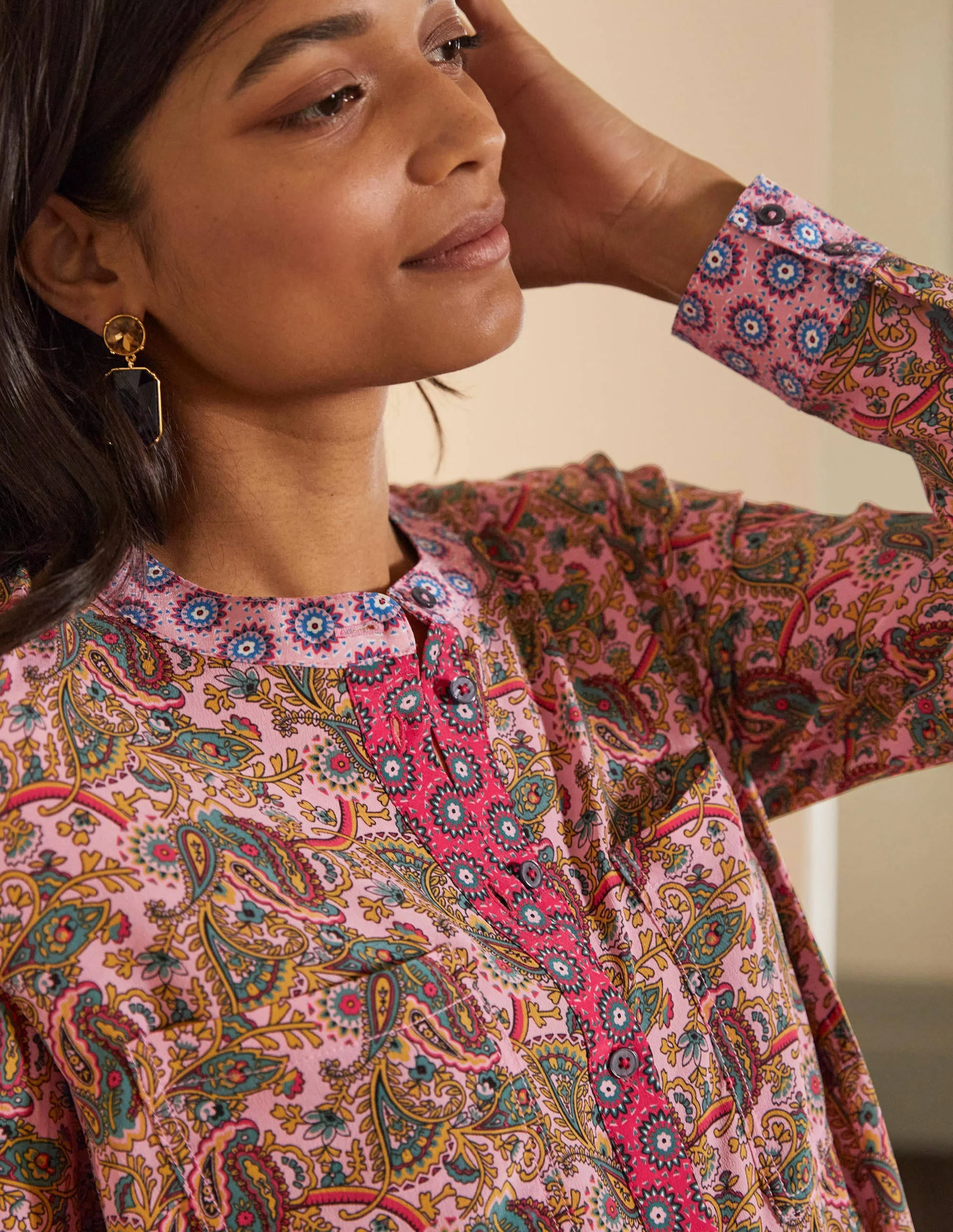 Silk Collarless Blouse-Formica Pink