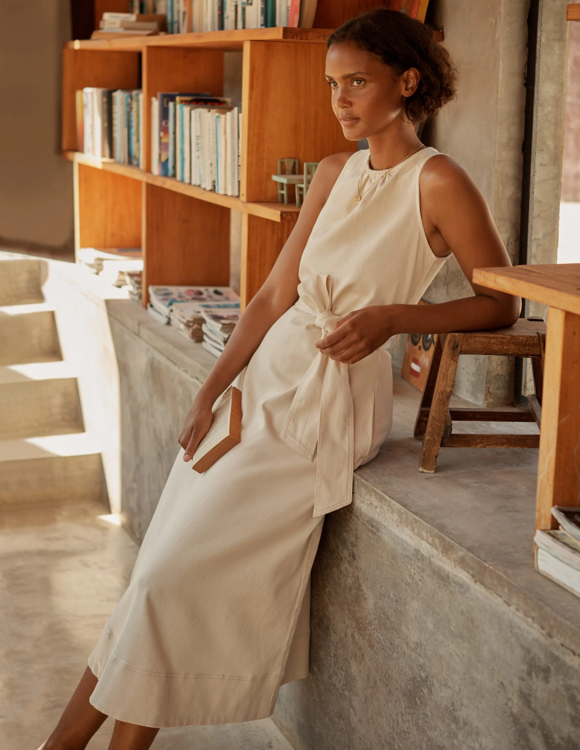 Sleeveless Belted Midi Dress-Ecru - Image 7