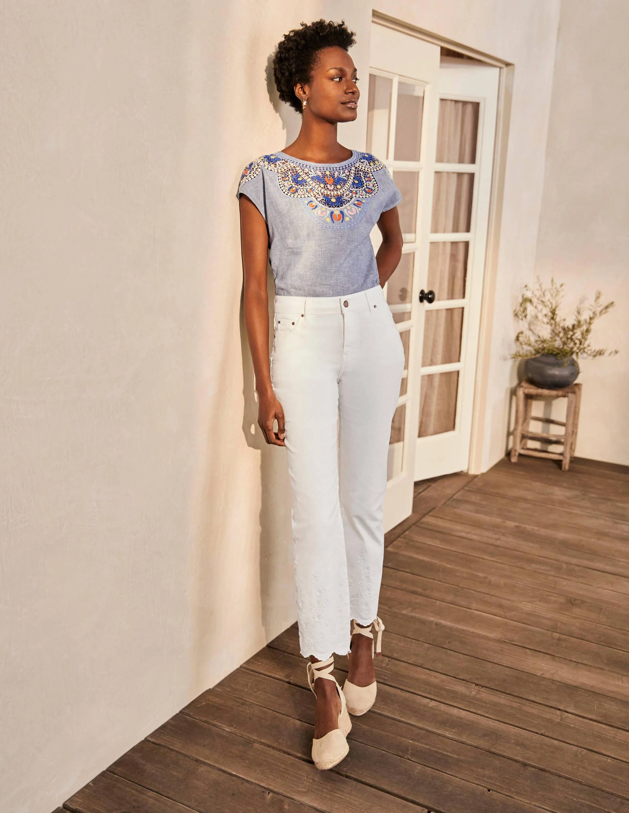 Slim Straight Ankle Skimmers-White Embroidered - Image 2