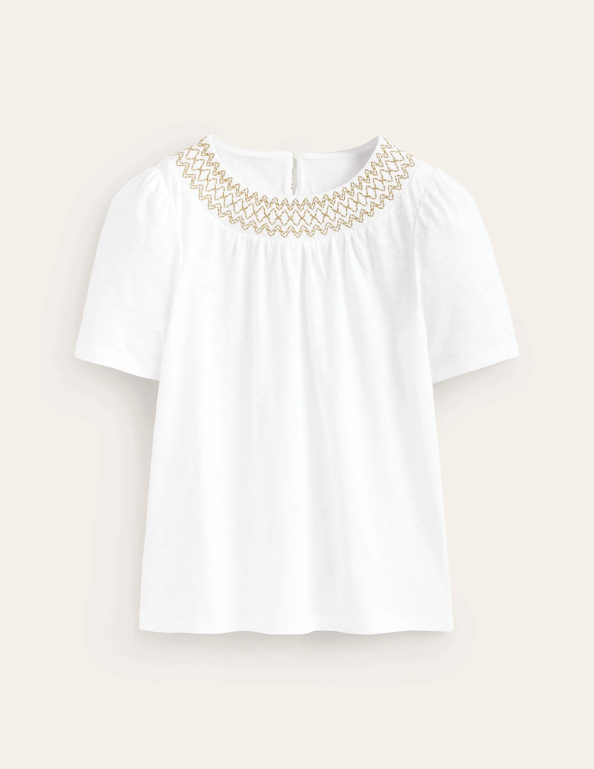 Smock Neck Puff Sleeve Top-White, Gold Metallic - Image 5