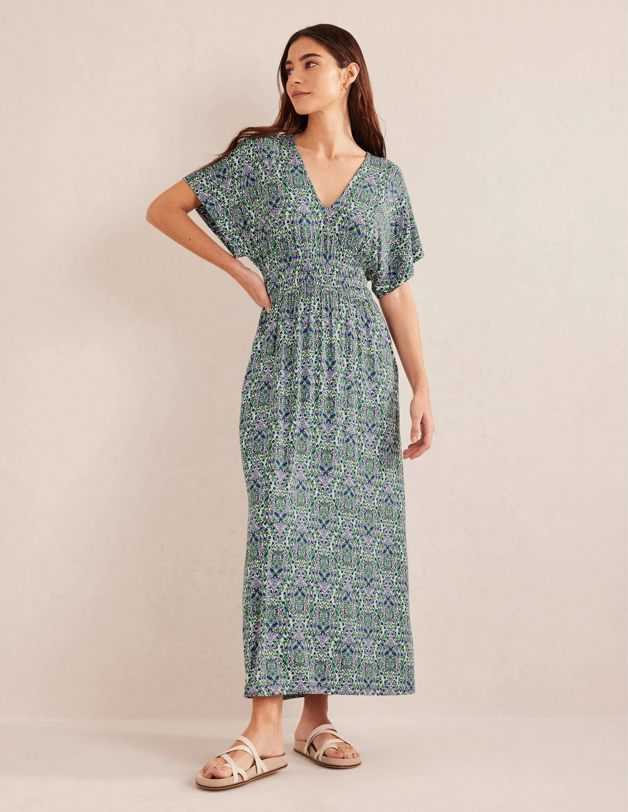 Smock Waist Jersey Maxi Dress-Linseed, Vine Terrace