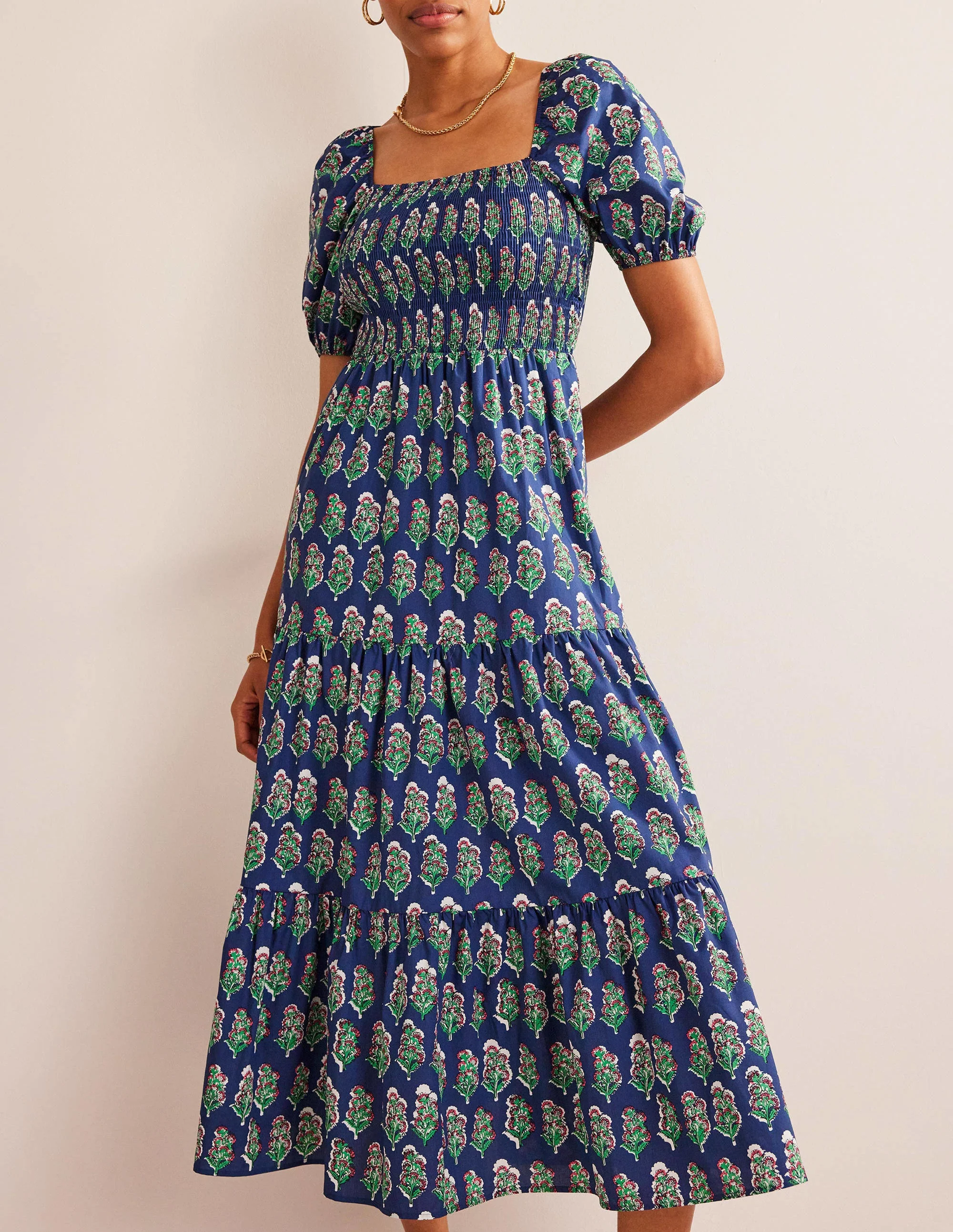 Smocked Bodice Maxi Dress-French Navy, Artisan Bloom - Image 2