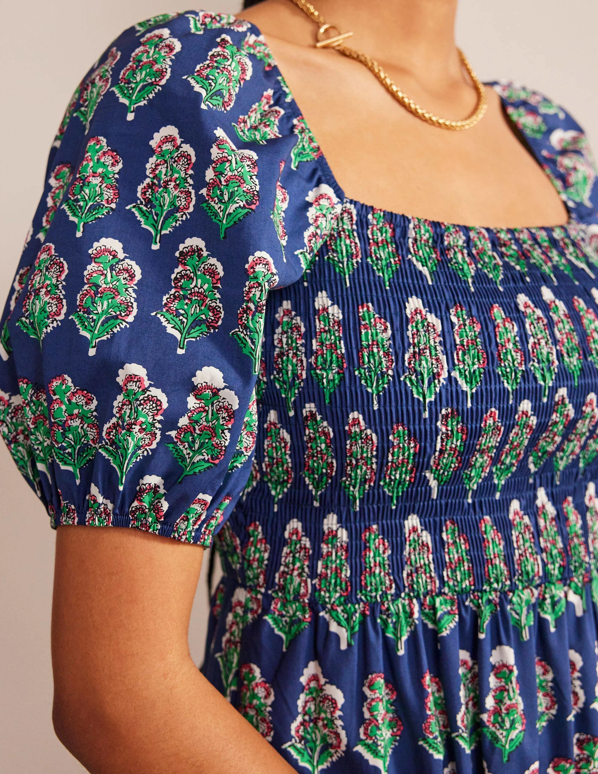 Smocked Bodice Maxi Dress-French Navy, Artisan Bloom - Image 3