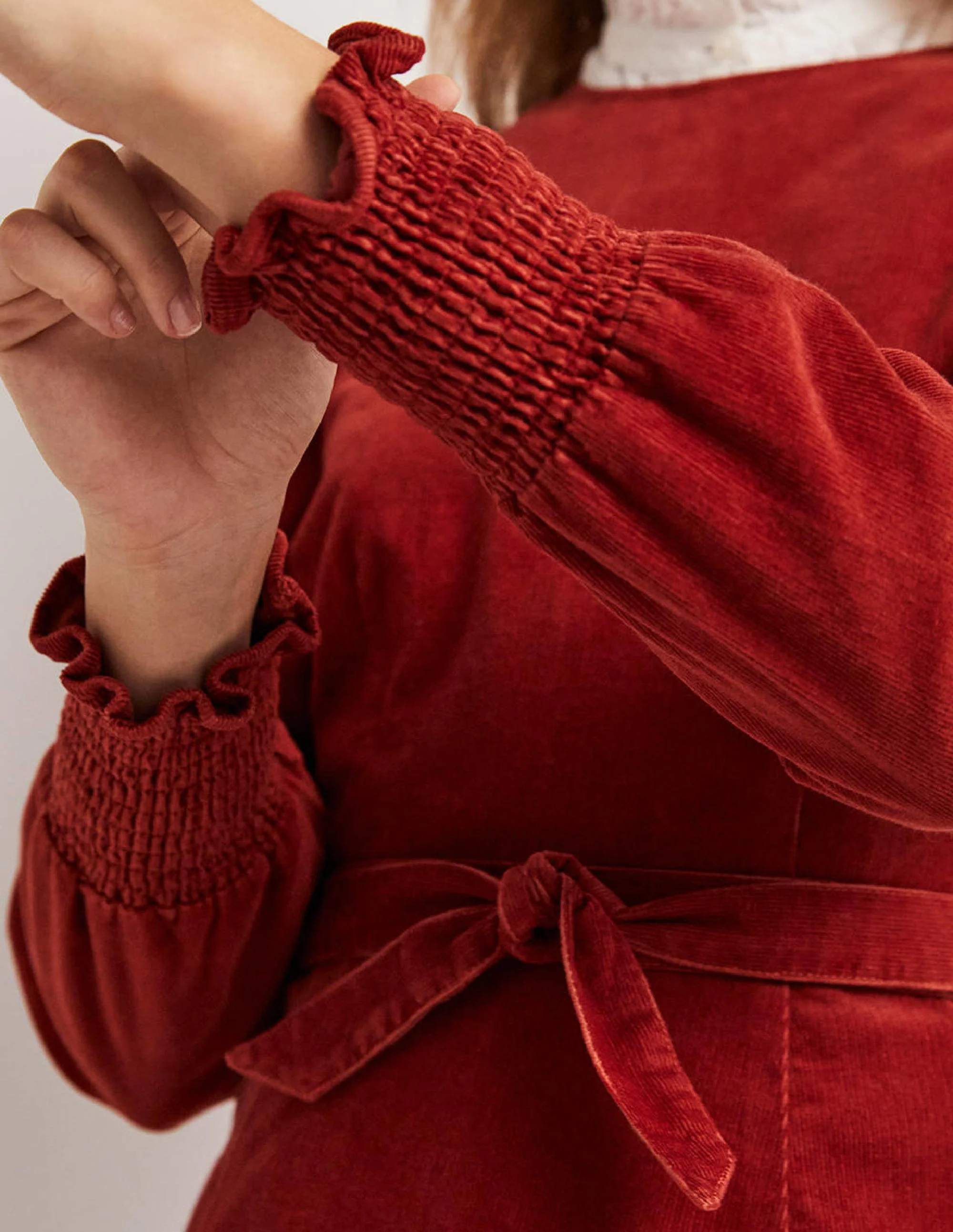 Smocked Cuff Corduroy Dress-Chili Oil - Image 2