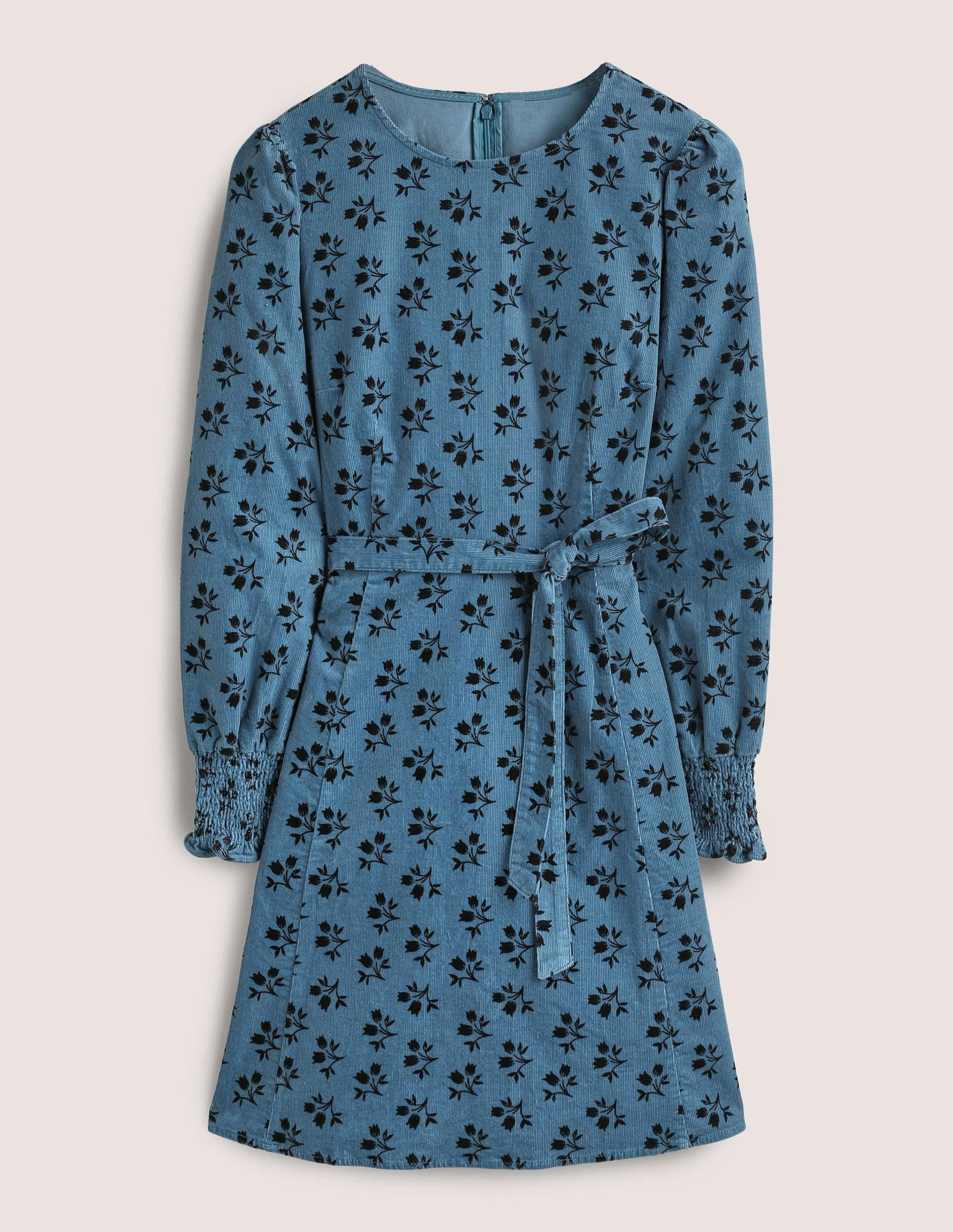 Smocked Cuff Corduroy Dress-Mid Blue, Bouquet - Image 8