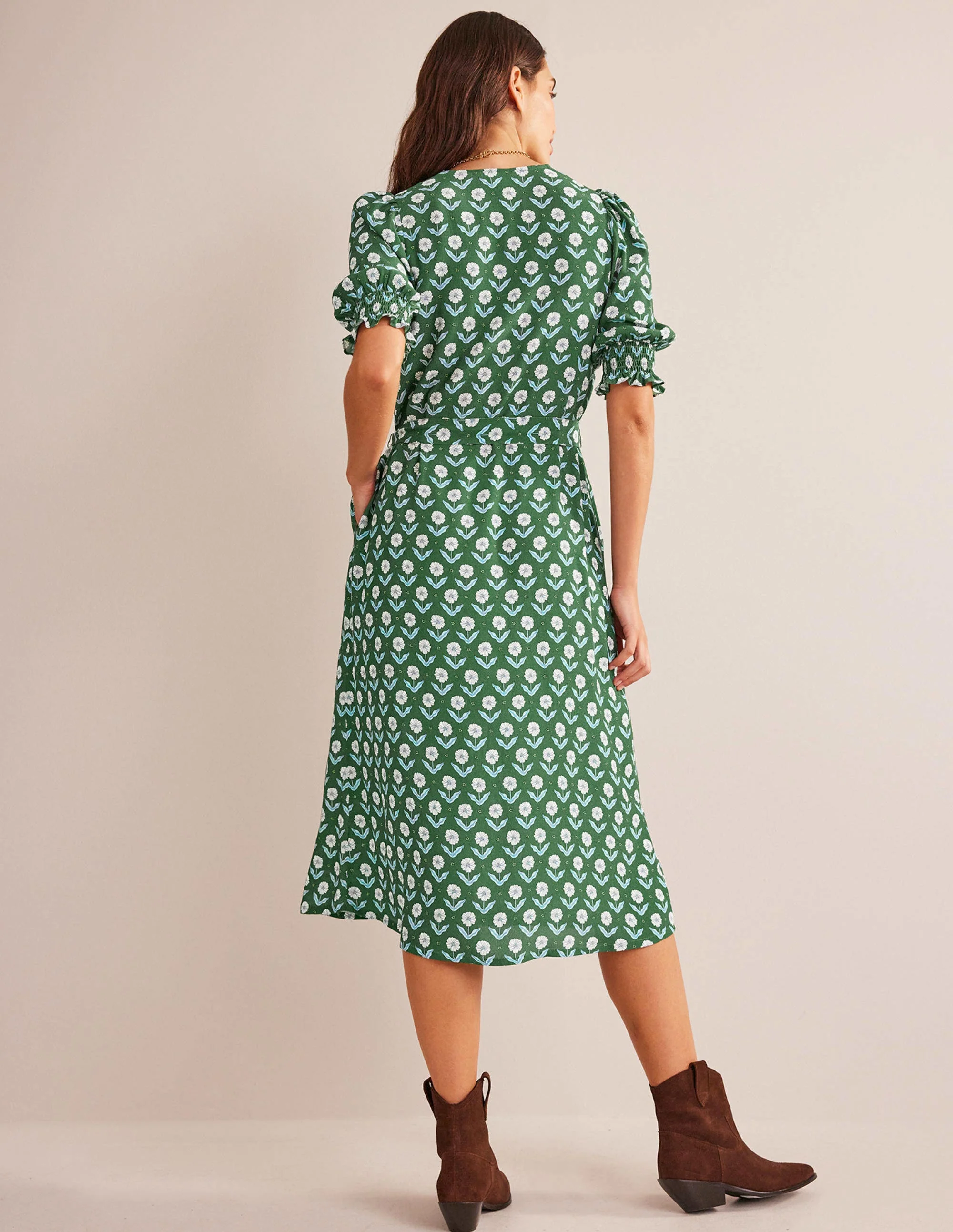 Smocked Cuff Midi Dress-Winter Green, Daisy Foliage - Image 3