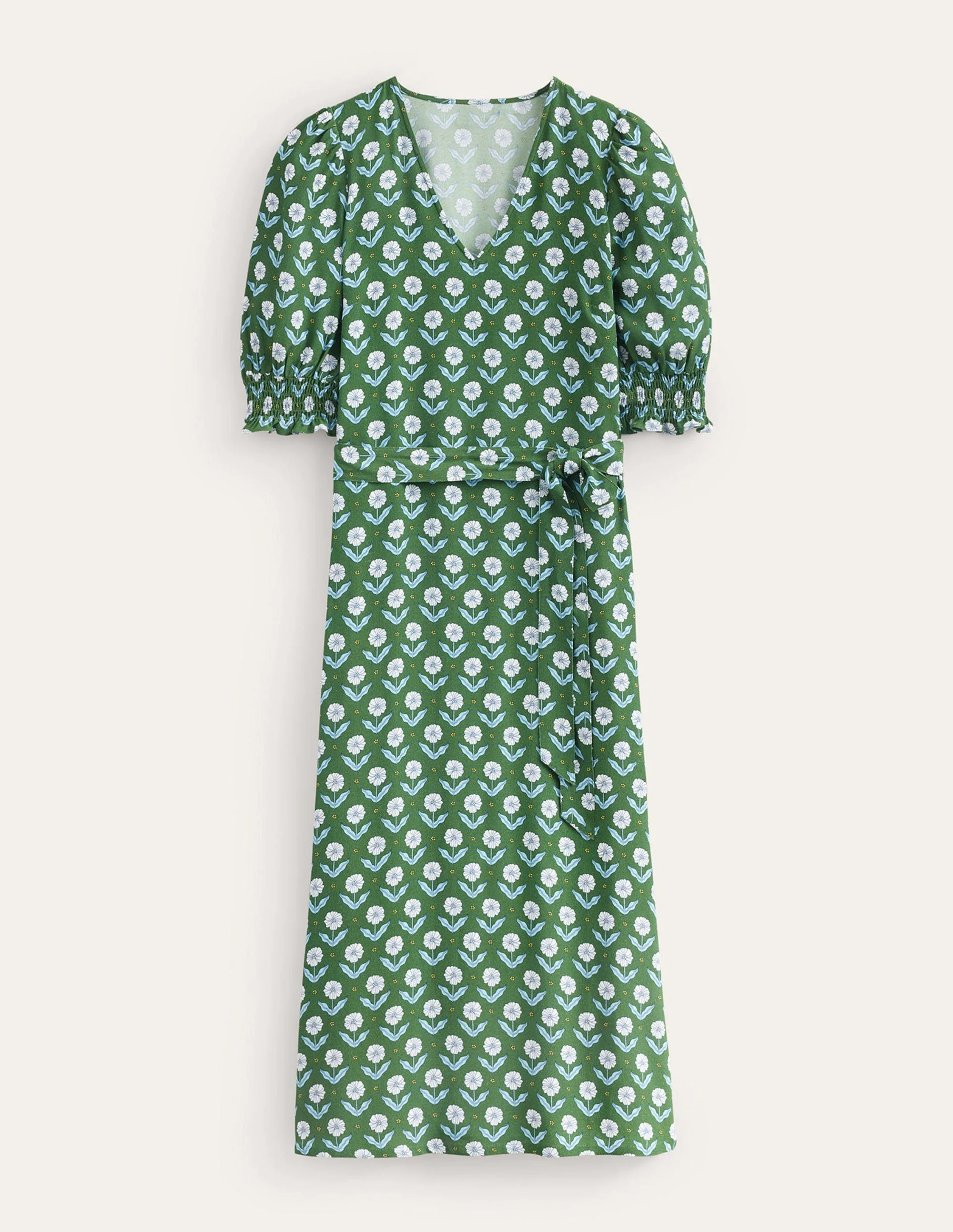 Smocked Cuff Midi Dress-Winter Green, Daisy Foliage - Image 5