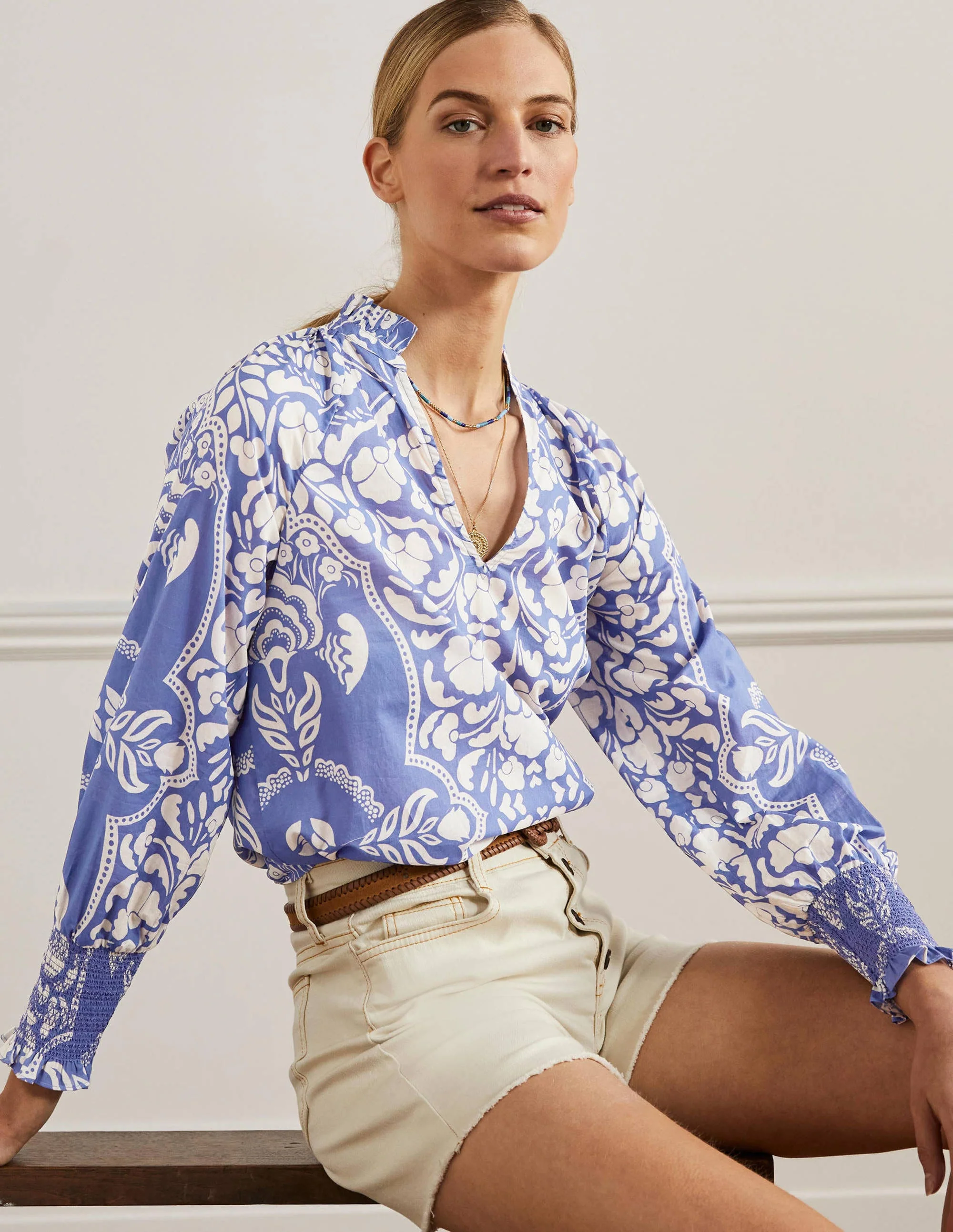 Smocked Cuff Printed Top-Bluebell, Passion Bloom - Image 5